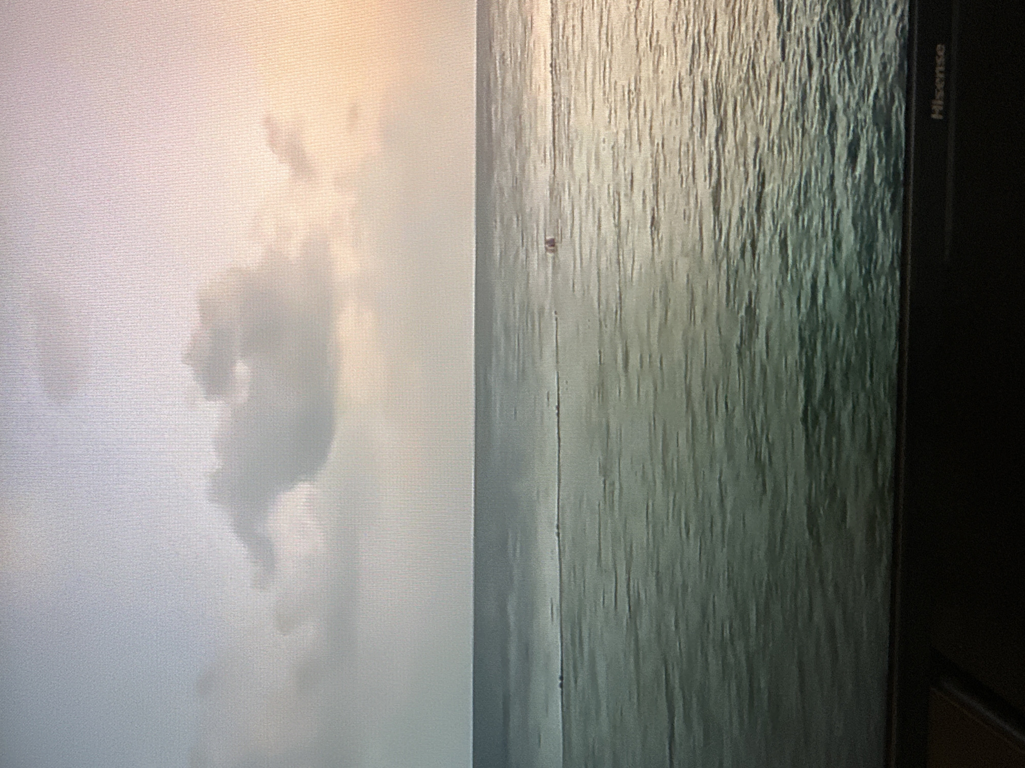 This image shows a wide shot of a calm body of water, likely the sea or a large lake, under a cloudy sky. The water is a deep green color, with subtle ripples indicating a gentle current. In the distance, a thin line of white suggests a distant shore or a reef. A small, pink object is visible in the water, possibly a buoy or a small boat. The sky is a gradient of pale blue and soft orange, transitioning from dusk or dawn. The scene evokes a sense of tranquility and vastness. The bottom of the frame shows the edge of a black screen with the "Hisense" logo visible, indicating this is an image displayed on a television. The location is not specified to be in Kyiv, Ukraine.