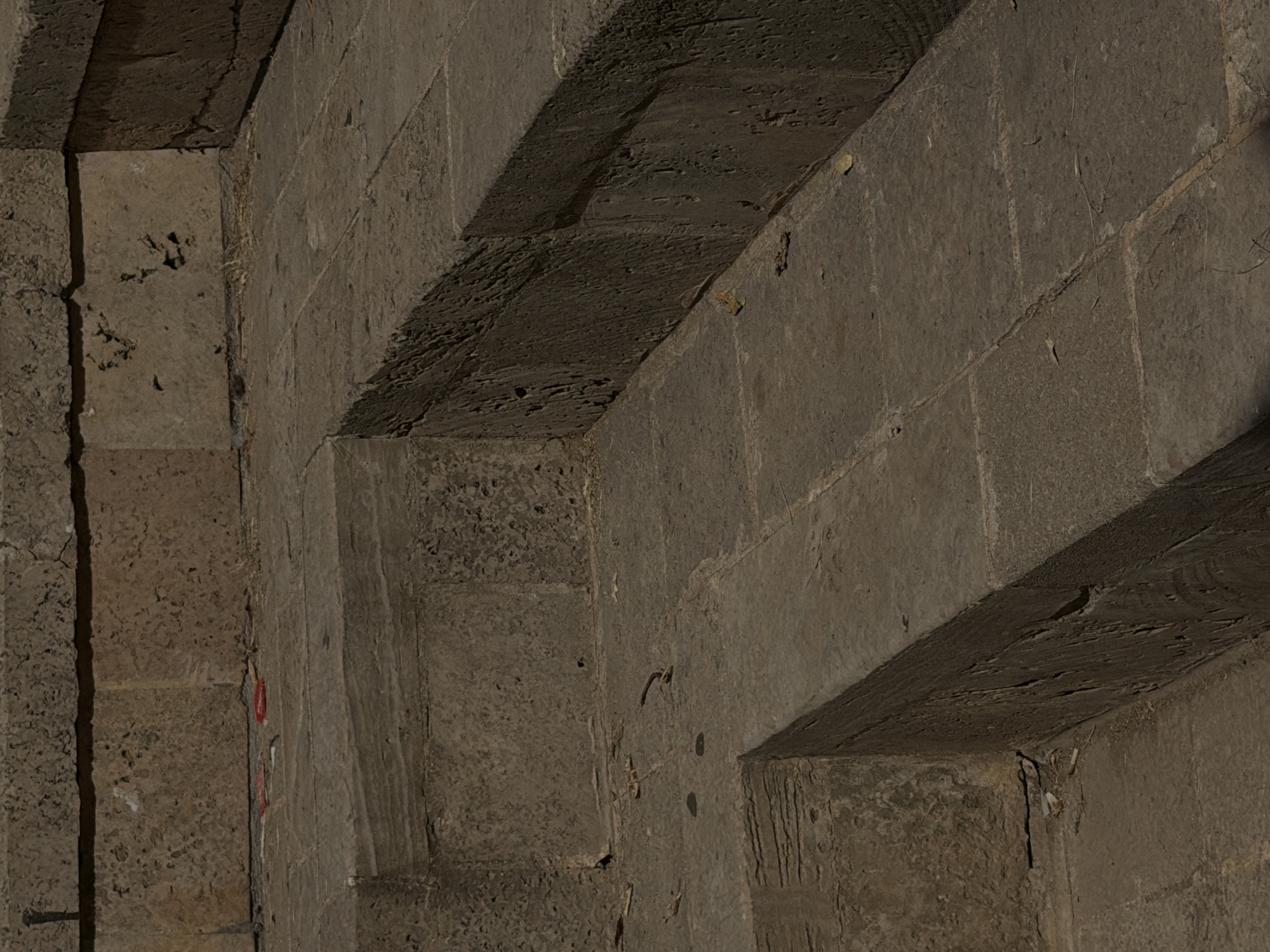 The image depicts a close-up view of stone steps and a wall, likely part of an architectural structure. The stonework appears aged and textured, with visible cracks and imperfections. There are a few small, reddish objects on the top step, which appear to be discarded items, possibly wrappers. A few dried leaves and debris are scattered on the steps and ledges. The lighting suggests an outdoor setting with shadows indicating sunlight. This scene is located at the Jaffa Clock Tower, a prominent landmark in Tel Aviv, Israel, known for its historical significance and distinct architectural style.