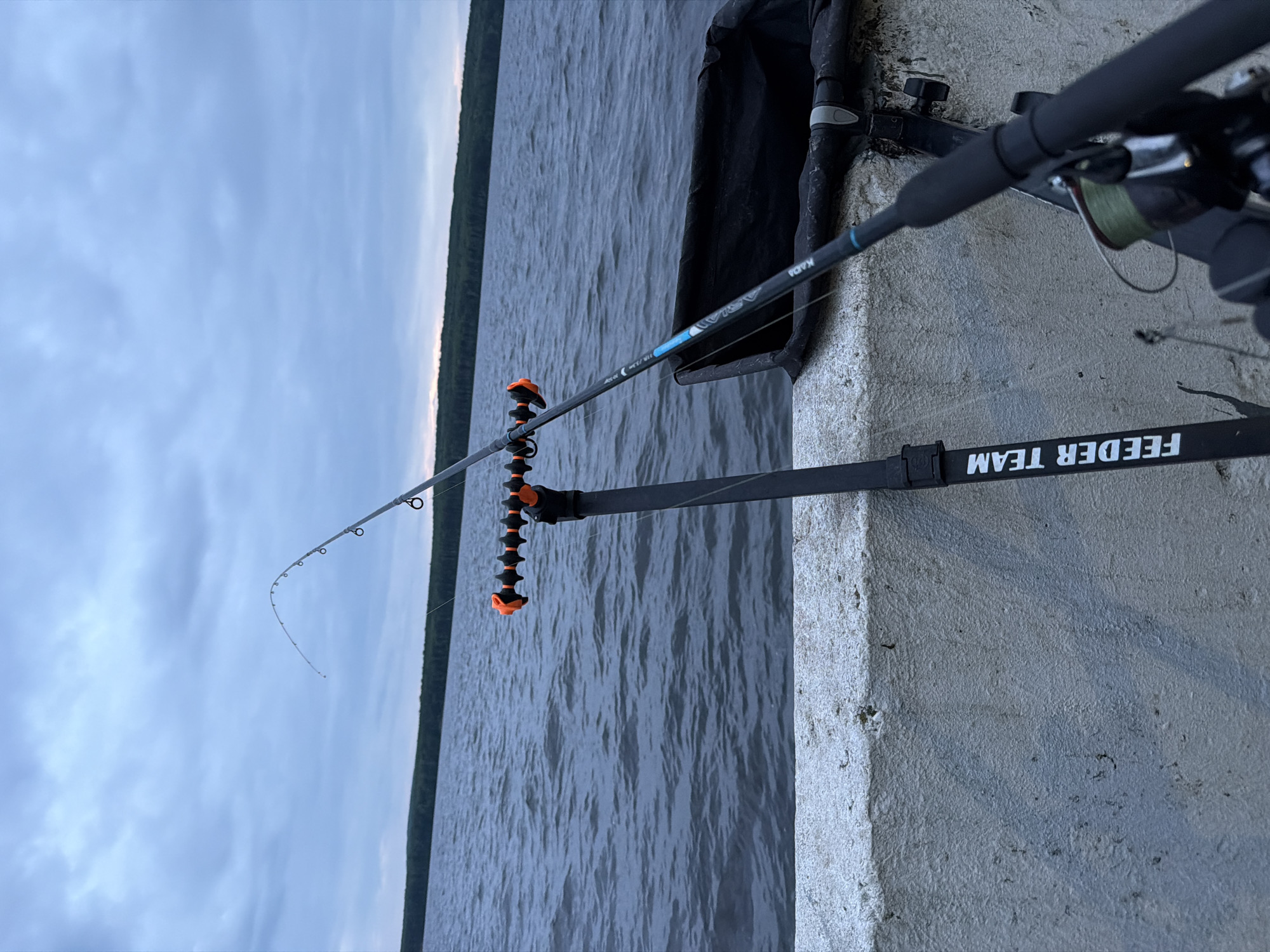 This image presents a detailed view of a fishing setup by a body of water in the city of Chaikovsky, Russia.
In the foreground, a coarse-textured concrete structure, possibly an embankment or pier, occupies the lower portion of the frame. Resting on this structure is a black fishing rod stand with multiple orange and black segmented rod rests. A dark-colored fishing rod is positioned in the stand, extending towards the left and then curving upwards over the water. The rod features blue accent markings and visible white text including "KADI" and "11 ft. 3.30m". The tip of the rod exhibits a slight downward bend.
Attached to the handle section of the fishing rod, which is partially visible in the lower right, is a fishing reel spooled with green monofilament line. To the left of the main rod stand, another black pole is partially visible, bearing the white, vertically oriented text "FEEDER TEAM". A black, rectangular fabric container or bag is situated on the concrete to the right of the fishing rod.
The central and left portions of the image are dominated by a large body of water, characterized by numerous small waves across its surface. A distinct horizon line separates the water from a distant, dark green treeline, indicating dense forestation. The sky above is uniformly overcast with light grey clouds, suggesting an absence of direct sunlight. No individuals are visible in the scene.