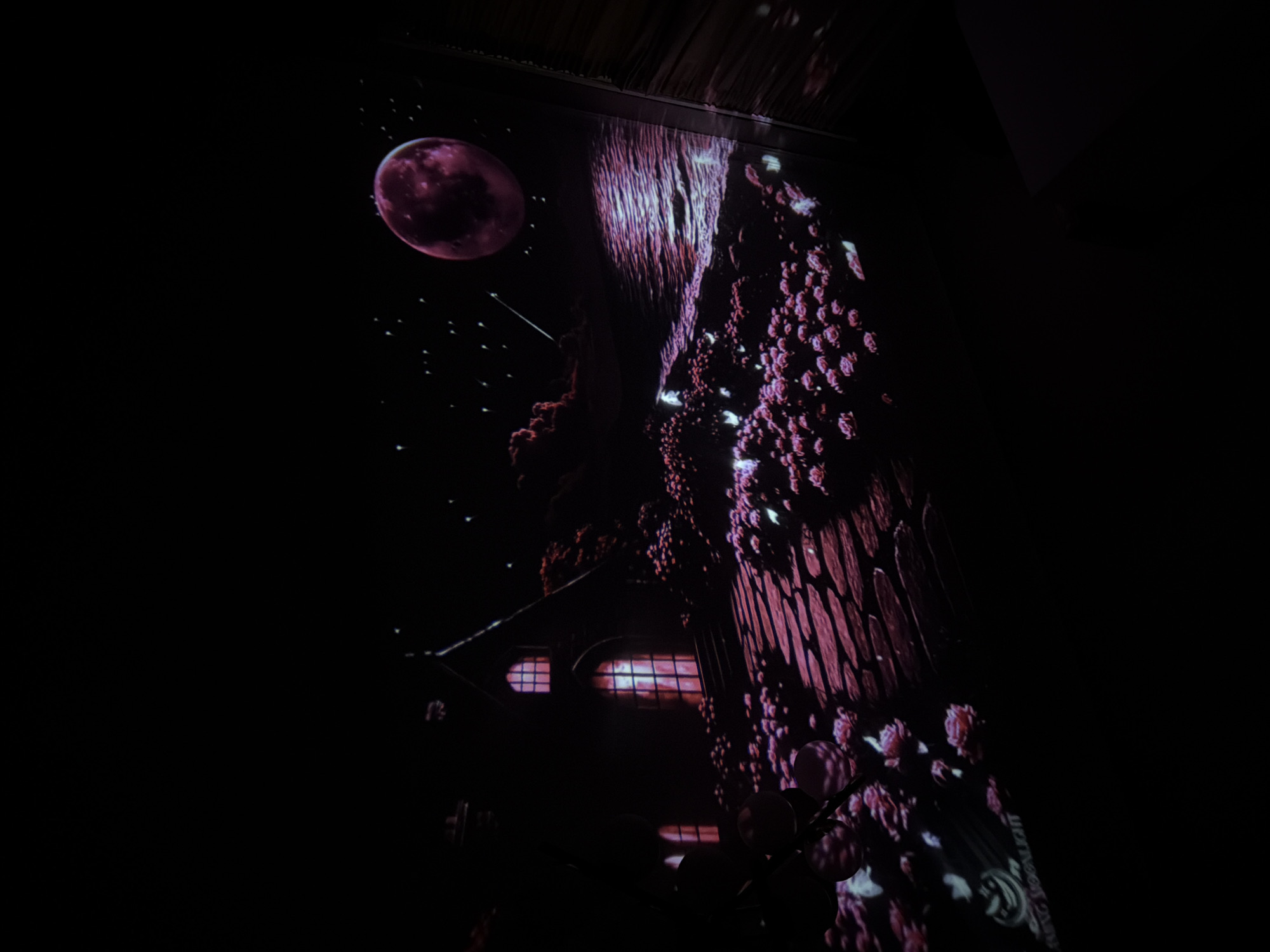The image depicts a projected scene of a whimsical, dark, and romantic landscape. A stylized, dark house with gothic-style windows glows with a pink light. A cobblestone path, also illuminated with pink hues, leads through a field of blooming pink roses towards the house. In the distance, a large, dark pink moon hangs in a starry sky above a rippling body of water that reflects the moon's glow. The scene is dark overall, with the light sources being the moon, stars, and the illuminated house and path. The projection appears to be on a surface that has some texture and curvature, suggesting it might be a wall, screen, or tent. A logo, possibly for "EVENING MOONLIGHT", is visible in the lower left corner. The setting is not identifiable as being in Tbilisi, Georgia.
