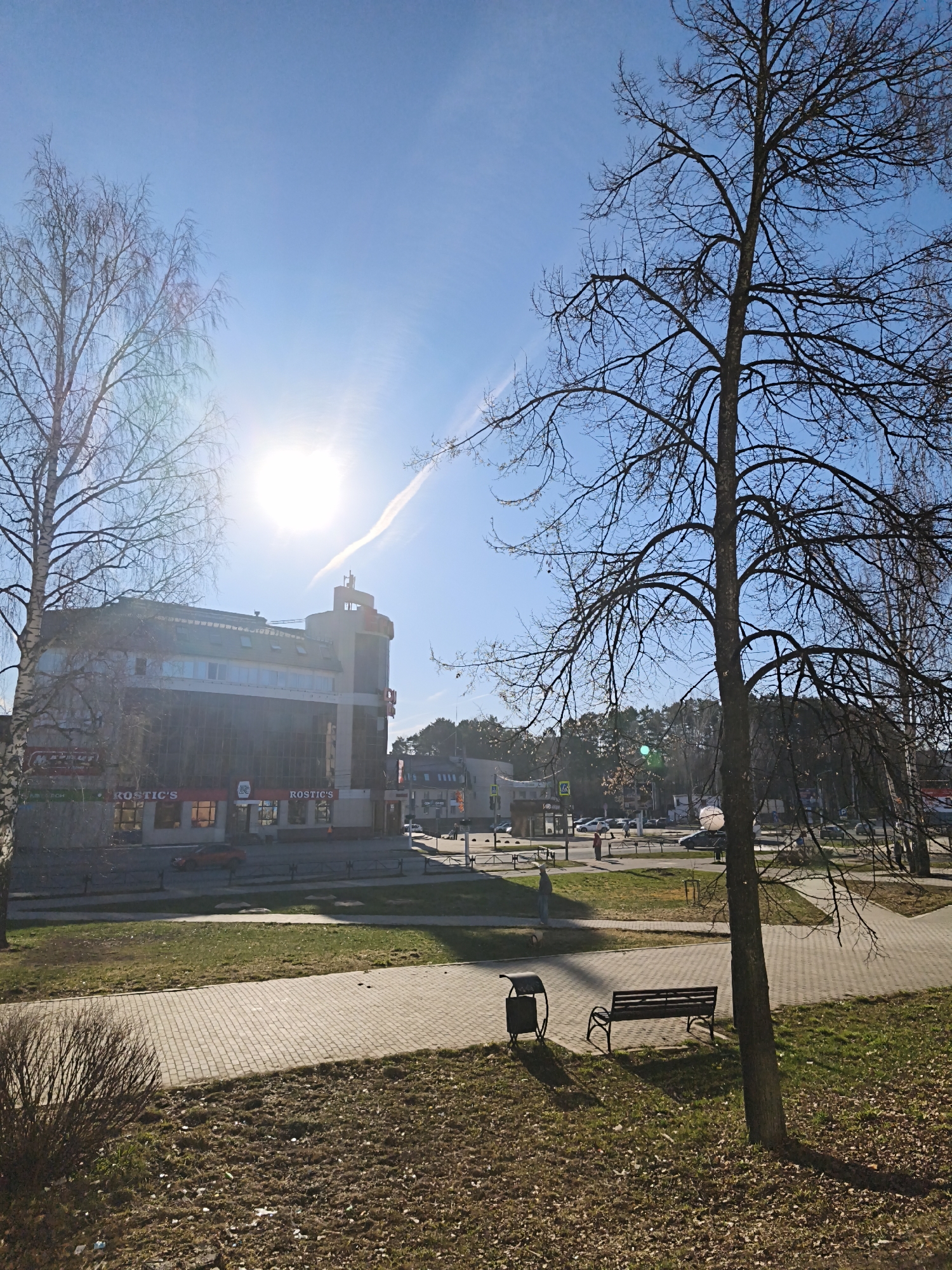 The image depicts an outdoor scene in an urban setting. In the middle distance, there is a multi-story building with "ROSTIC'S" signage. In the foreground, there's a park area with a trash bin, a bench, and bare trees. A paved path runs through the park. The sky is blue and bright with a contrail visible. Cars and pedestrians can be seen in the background streets.