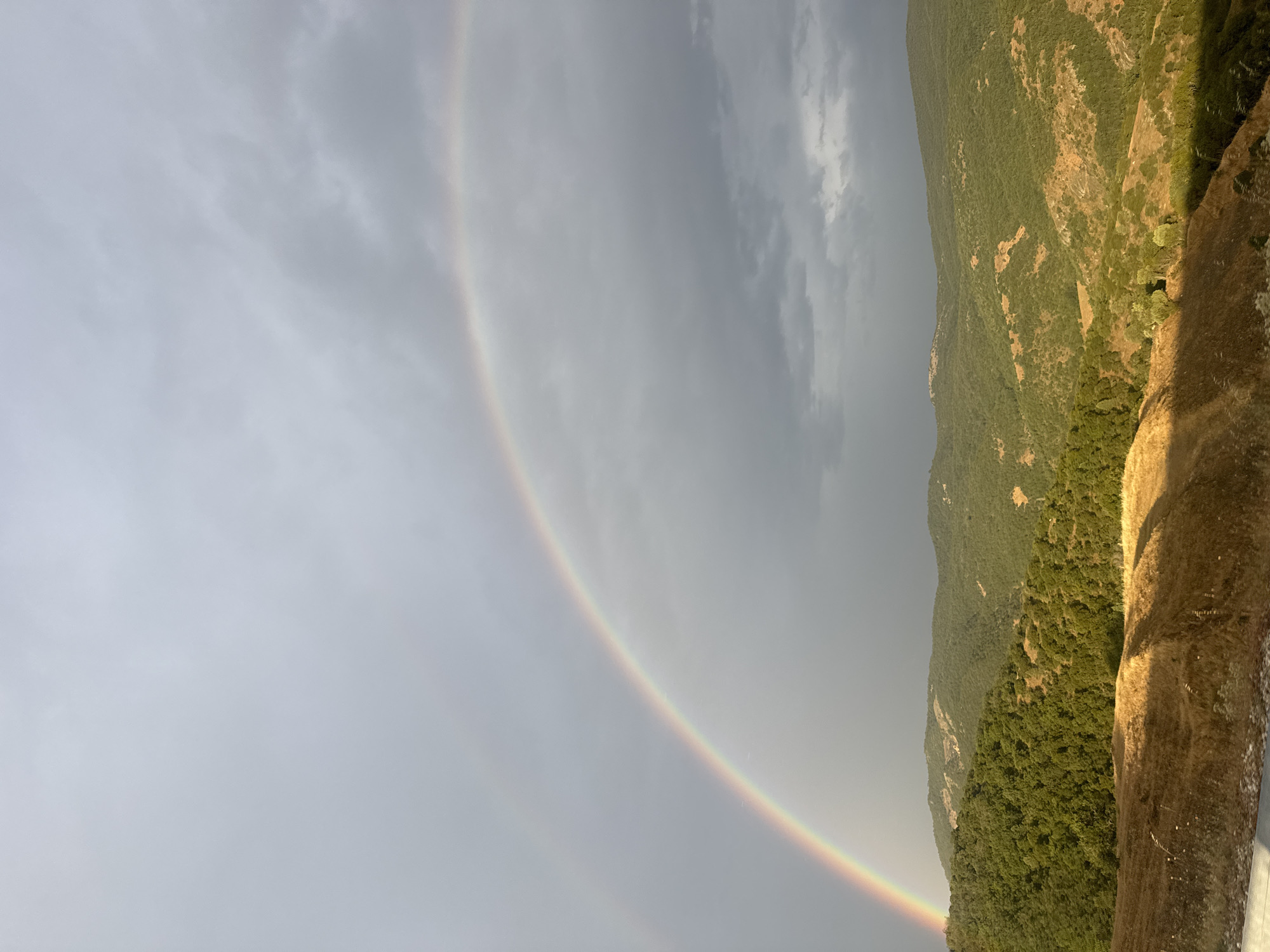 This is a photograph of a double rainbow over a hilly, forested landscape. The sky is overcast with dramatic, dark clouds in the upper portion, but the lower sky is lighter, allowing the rainbow to be visible. The rainbow is a vibrant arc of colors, with a fainter, secondary rainbow visible above it. The foreground features dry, golden-brown grass on a hillside, with patches of green vegetation and trees on the slopes of the hills behind it. The hills are covered in dense green foliage, indicative of a forest. The overall impression is of a natural landscape, possibly after a rain shower. The image does not contain any people or specific landmarks that would allow for precise location identification within Komotini, Greece, beyond a general mountainous or hilly terrain.