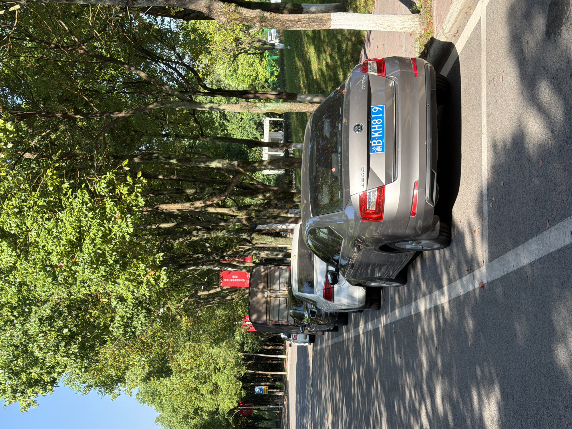 The image captures a street scene in Jiangjin, China, characterized by a row of parked cars along a tree-lined road. In the foreground, a silver Skoda sedan is parked, its license plate displaying "B·KH819". Behind it, other vehicles, including a white sedan and a dark-colored car, are also parked. Further down the street, a large truck is visible. The road is paved and marked with white lines. Tall trees with lush green foliage line the road, casting dappled shadows on the asphalt. The environment appears to be a public area, possibly a park or a residential street, with a clear blue sky overhead. A parking sign is visible on the left side of the road, indicating a designated parking area. Red banners with Chinese characters hang from poles along the street. The scene is static, with no people actively engaged in any actions. The overall impression is one of a quiet day in a city with abundant greenery.