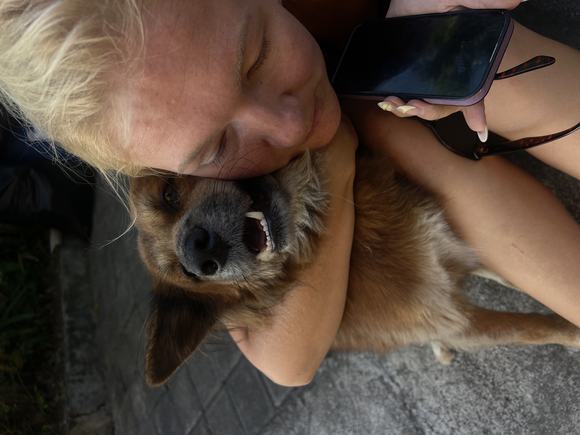A medium shot shows a blonde woman embracing a brown dog. The dog's head is pressed against the woman's face, and its mouth is open, showing its teeth. The woman is holding a smartphone in her right hand and a pair of glasses in her left hand. The scene appears to be outdoors, with a paved surface in the background. The lighting suggests it is daytime. The location is identified as North Kuta, Indonesia.