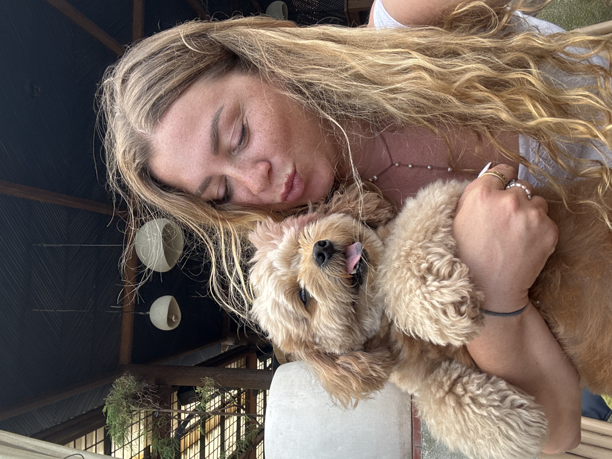 In a close-up shot, a light-skinned woman with long, wavy blonde hair is holding a small, tan-colored dog with curly fur. The woman is leaning in to kiss the dog, with her eyes closed and her lips pursed. She is wearing a white top and a beaded necklace. The dog is looking towards the camera with its tongue sticking out. They are outdoors, under a roofed structure with exposed beams and hanging light fixtures. In the background, there is a large white planter and some greenery. The overall impression is one of affection between the woman and her pet. The image is taken in Mengwi, Indonesia.
