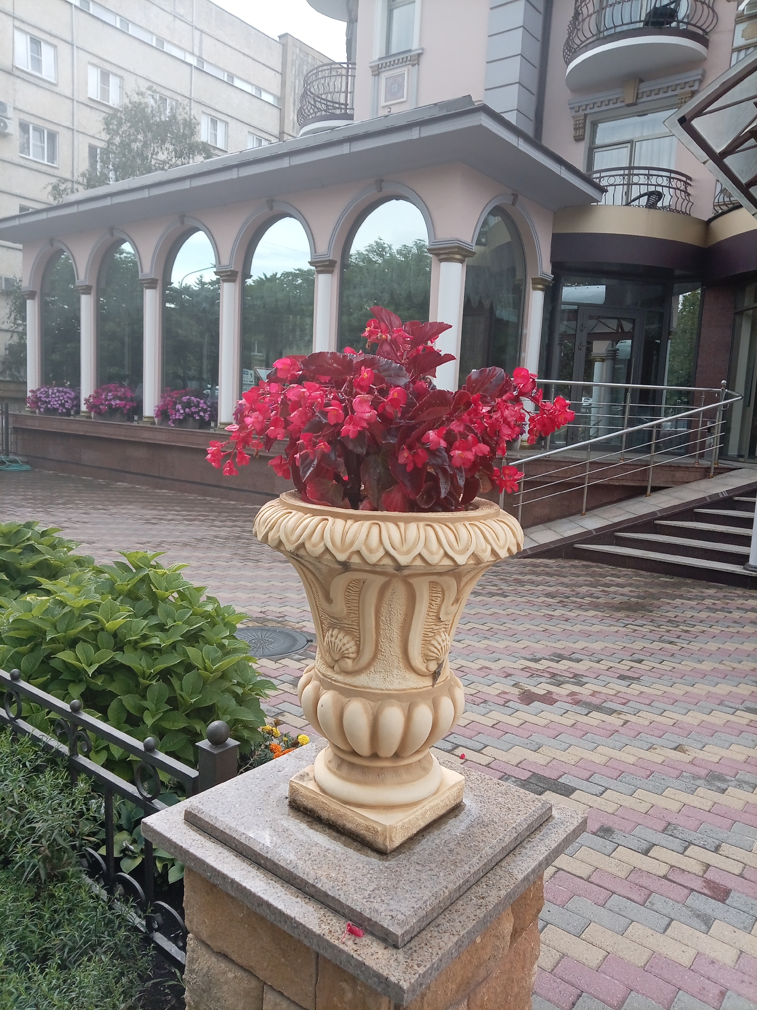 A large, ornate stone urn filled with bright red flowers sits on a pedestal in front of a building. The building has a pale pink facade with arched windows and balconies with decorative railings. The ground is paved with colorful rectangular bricks. Green bushes and a black metal fence are visible to the left of the urn. The scene appears to be outdoors in a city setting. This image was taken in the city of Zheleznovodsk, Russia.