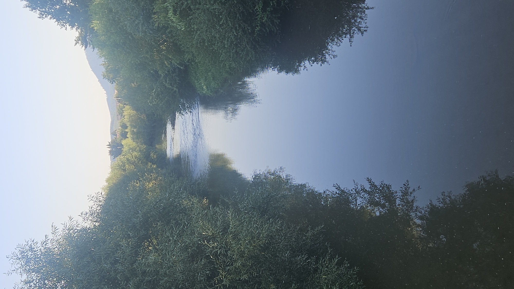 The image shows a serene natural scene, a river flowing through a lush green landscape. The river is calm and reflects the clear sky and the surrounding trees. The banks of the river are lined with dense foliage, mostly trees with full green leaves, suggesting a warm season. In the distance, there are rolling hills and mountains under a pale blue sky. The overall atmosphere is peaceful and tranquil. This scene appears to be in a natural area on the outskirts of Prešov, Slovakia, possibly near the Torysa river or one of its tributaries, known for its scenic beauty and green spaces. There are no people or man-made structures visible in the immediate foreground, emphasizing the natural setting.