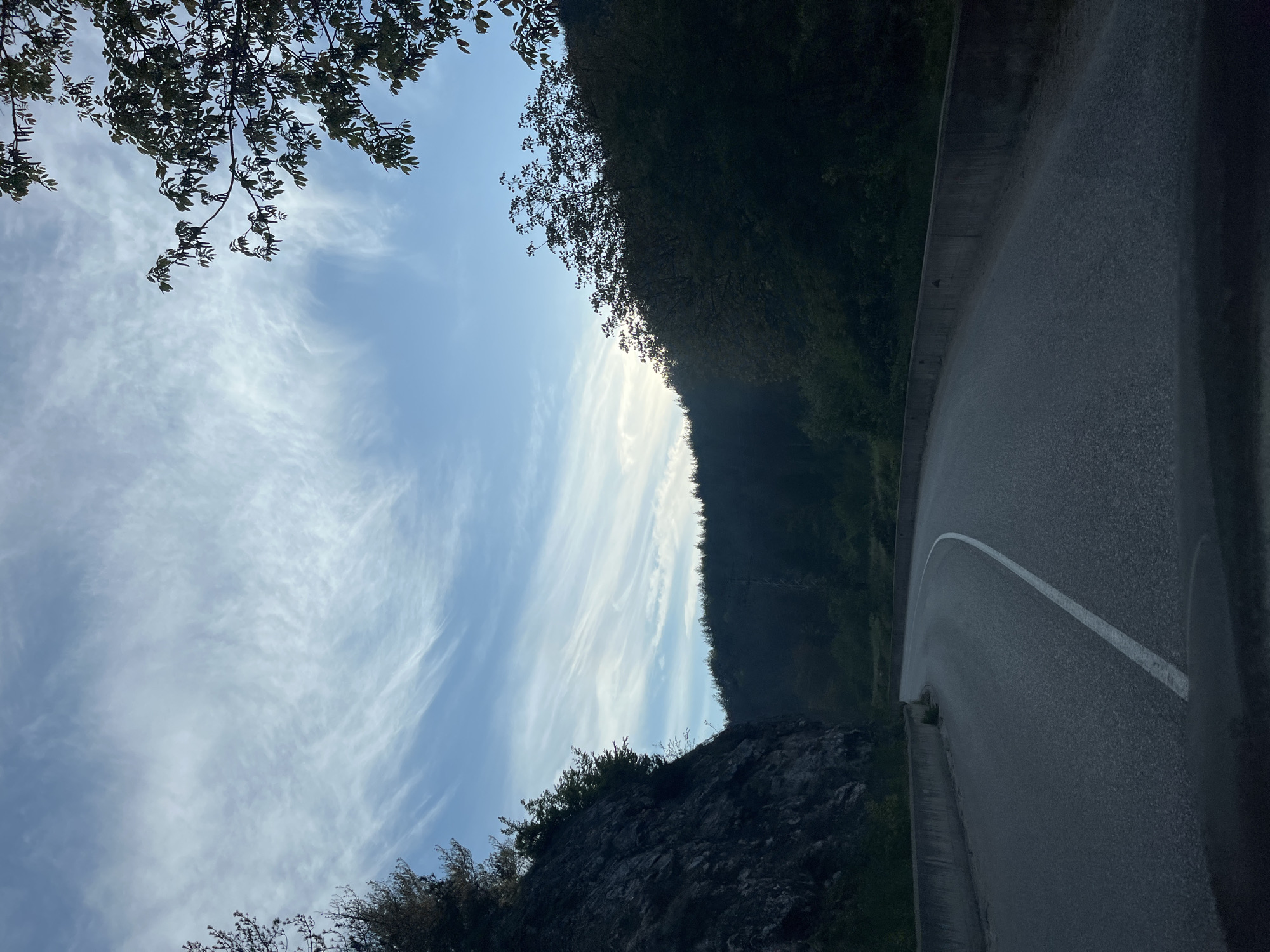 A rural landscape, likely taken at a high altitude. The sky, a pale blue, is filled with streaking cirrus clouds. The foreground includes a section of asphalt road with a white dividing line, curving to the right. Dense foliage and trees line the road's edge. Opposite the road, a rocky cliff rises with sparse vegetation clinging to its surface. Branches of trees are visible in the upper corners of the image, partially obscuring the sky. The overall lighting suggests either early morning or late afternoon. There is nothing in this picture that indicates its location in the city of Hvoina, Bulgaria.