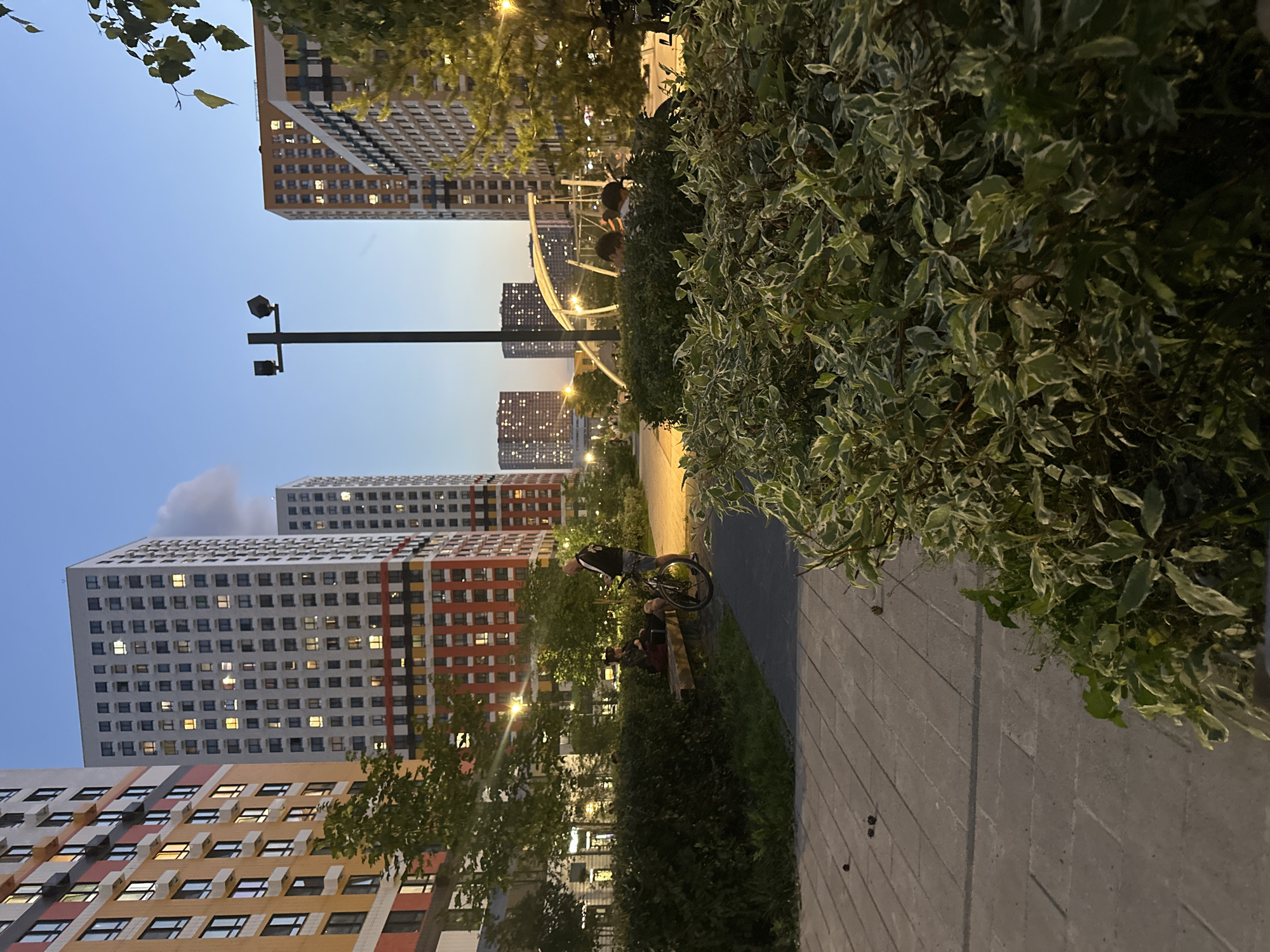 The image depicts a twilight scene in a modern residential area in Lyubertsy, Russia. Tall, multi-story buildings with illuminated windows dominate the background. In the foreground, a paved pathway winds through a landscaped area with dense green bushes and trees. A man stands next to a bicycle on the pathway, looking towards a bench where a person is seated. Another individual is visible in the distance, near a bridge-like structure. The lighting suggests it is early evening, with artificial lights from the buildings and street lamps casting a glow on the surroundings. The overall atmosphere is one of urban living and recreation in a well-maintained public space.
