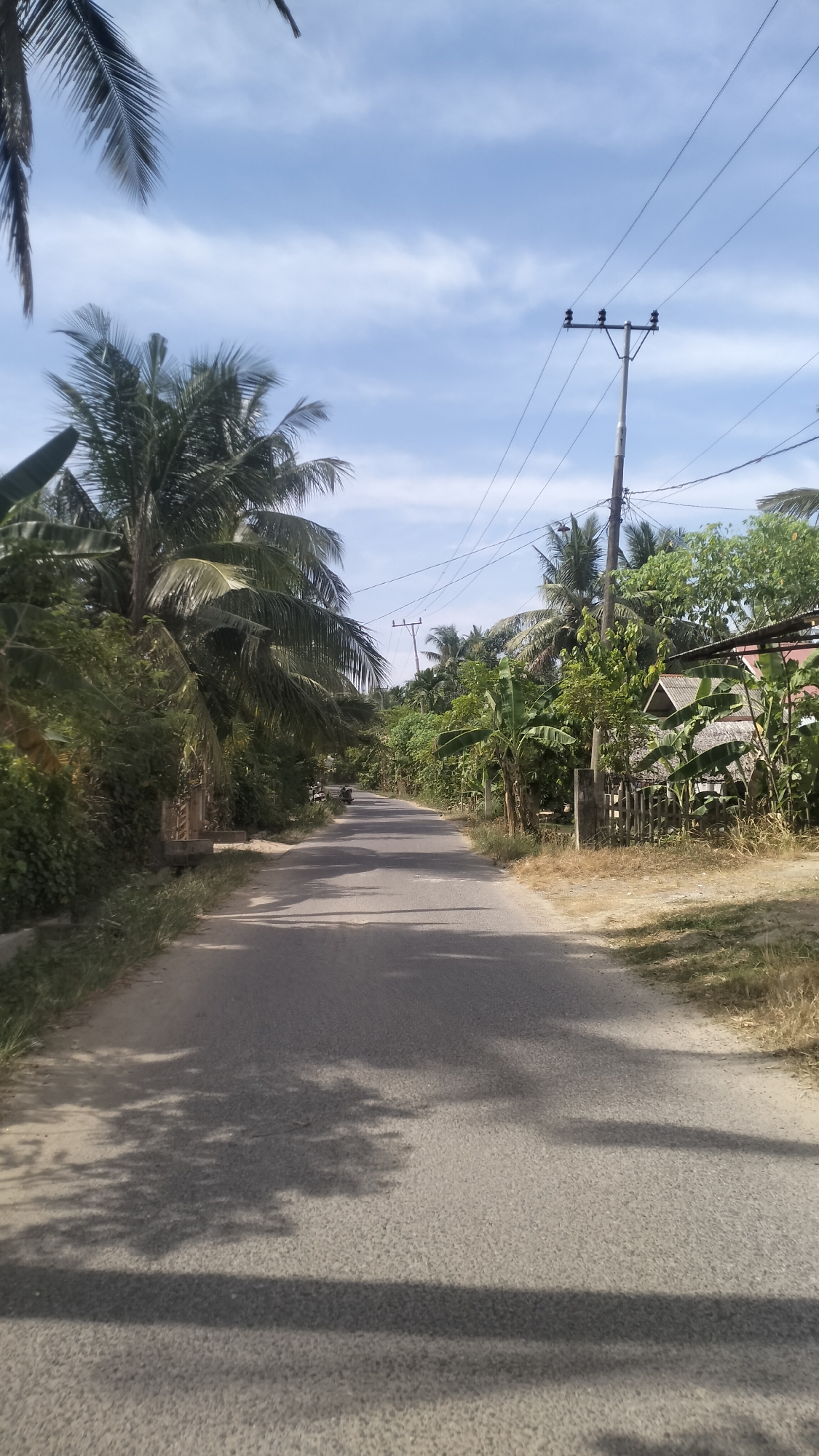 A paved road runs through a tropical landscape in Meunasahkrueng, Indonesia. The road is bordered by dense vegetation, including palm trees and banana plants. Several houses with thatched roofs are visible among the trees. Utility poles with power lines are present along the side of the road. The sky is blue with scattered white clouds, and shadows of trees are cast on the road surface. A scooter is parked on the left side of the road in the distance.
