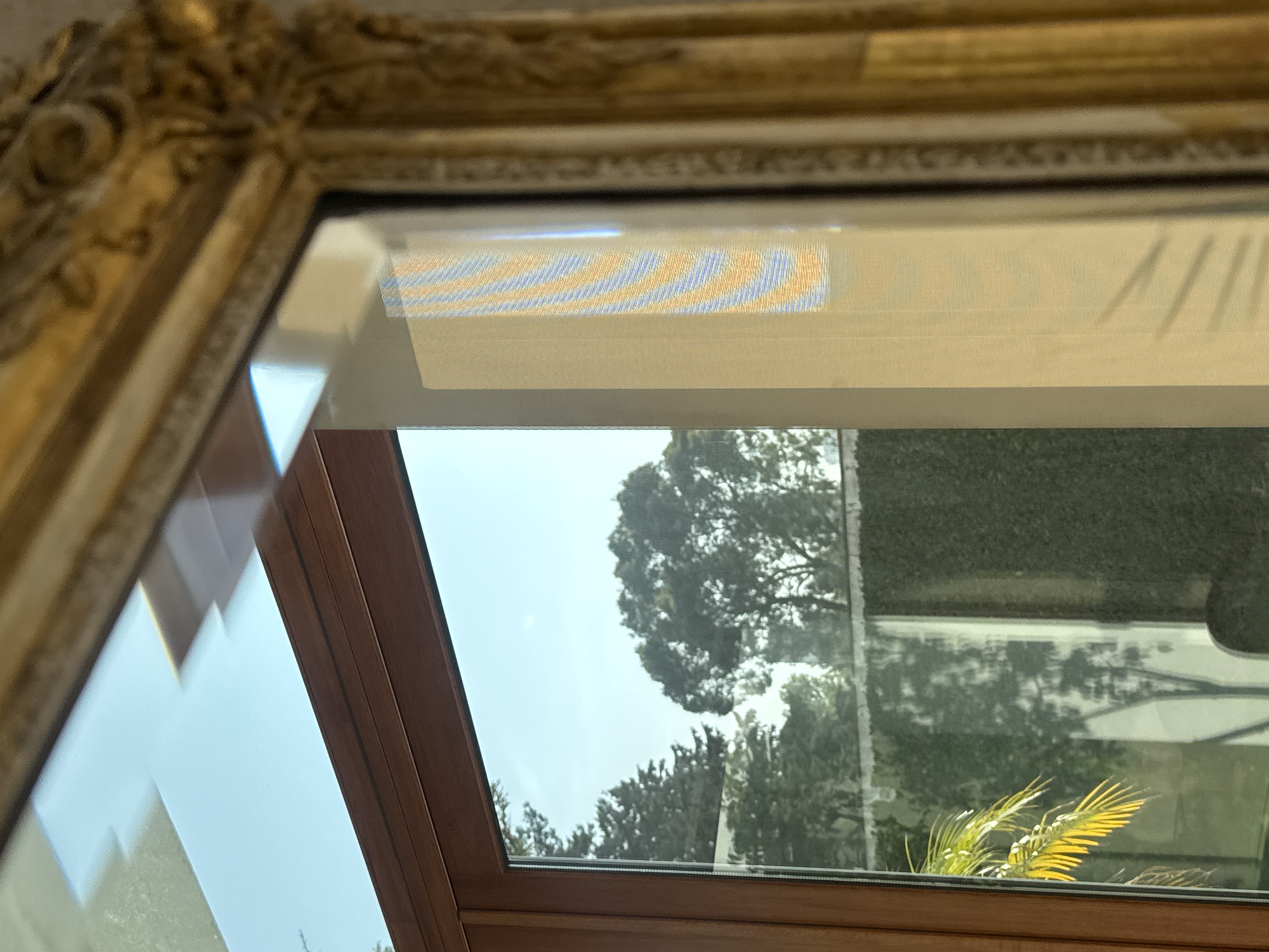The image presents a view looking out through a window or glass panel from an indoor setting in Puebla, Mexico. An ornate, gilded frame, featuring intricate carvings, borders the upper and left sides of the scene, suggesting a decorative mirror or a framed window. A sturdy brown wooden frame outlines the bottom and right edges of the glass opening.
Reflections on the glass reveal internal elements of the room. A notable reflection in the upper center displays a distinct pattern of diagonal blue and orange-yellow stripes, characteristic of a textured blind or curtain. Faint, dark vertical shadows are also reflected across the lighter surface above the outdoor view.
Beyond the glass and reflections, a vibrant outdoor scene unfolds under a bright, clear sky. Lush green trees with dense foliage are prominent, particularly one with a large, rounded canopy. In the lower right portion of the outdoor view, a striking bright yellow-green plant, resembling a palm frond, adds a vivid accent. The scene is illuminated by clear daylight, indicating fair weather. There are no visible people or text.
