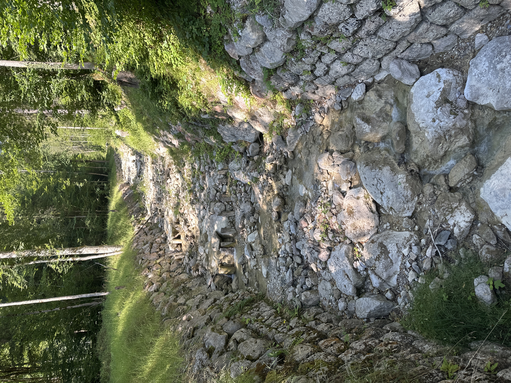 The image shows a narrow, rocky stream bed lined with stone walls, winding through a dense forest. Sunlight filters through the trees, casting dappled shadows on the water and stones. The stream is shallow, with clear water flowing over smooth rocks. The surrounding vegetation consists of lush green grass and trees. The scene is serene and natural, suggesting a secluded location. The image is taken from a slightly elevated perspective, looking down the stream bed.