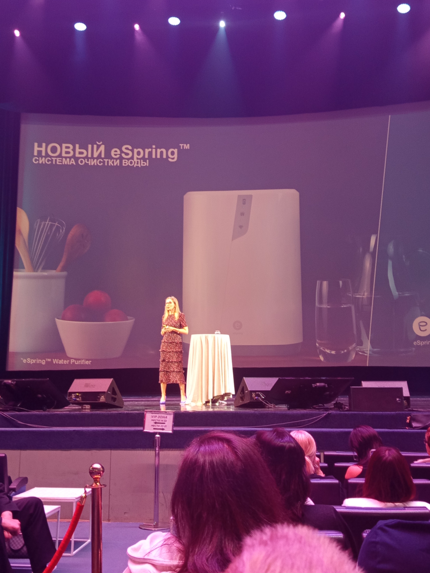 The image depicts a presentation or event taking place in a dimly lit indoor venue, likely a conference hall or theater. A woman in a tiered, dark-colored dress is standing on a stage, speaking. Behind her, a large screen displays text in Cyrillic script which reads "НОВЫЙ eSpring" (NEW eSpring) and "СИСТЕМА ОЧИСТКИ ВОДЫ" (WATER PURIFICATION SYSTEM), along with an image of a white water purifier. The stage also features a draped table and a glass of water. In the foreground, an audience is seated in rows of chairs, with some audience members visible from the back. The overall ambiance is one of a formal presentation. The image does not contain any specific visual cues or landmarks that would allow for a precise identification of the city as Saint Petersburg, Russia.