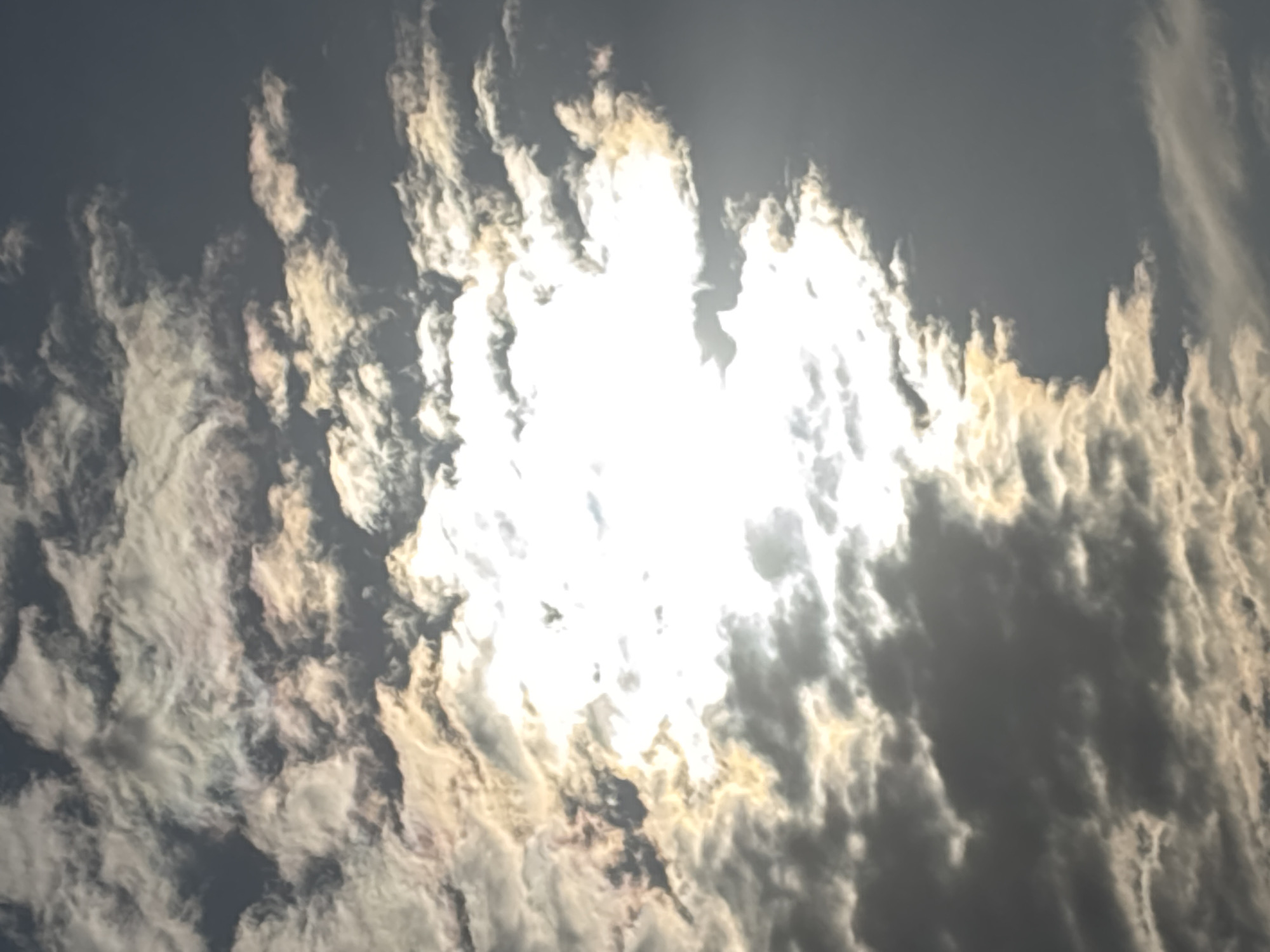The image shows a sky filled with altocumulus clouds, partially obscuring the sun, creating a bright, diffused light. The clouds are varied in density and texture, ranging from thin, wispy formations to thicker, more defined shapes. The overall color scheme is dominated by shades of gray and white, with the sunlight adding a soft glow. There is no indication of a specific location in Sofia, Bulgaria, or any information about people, subjects, objects, actions, or interactions.