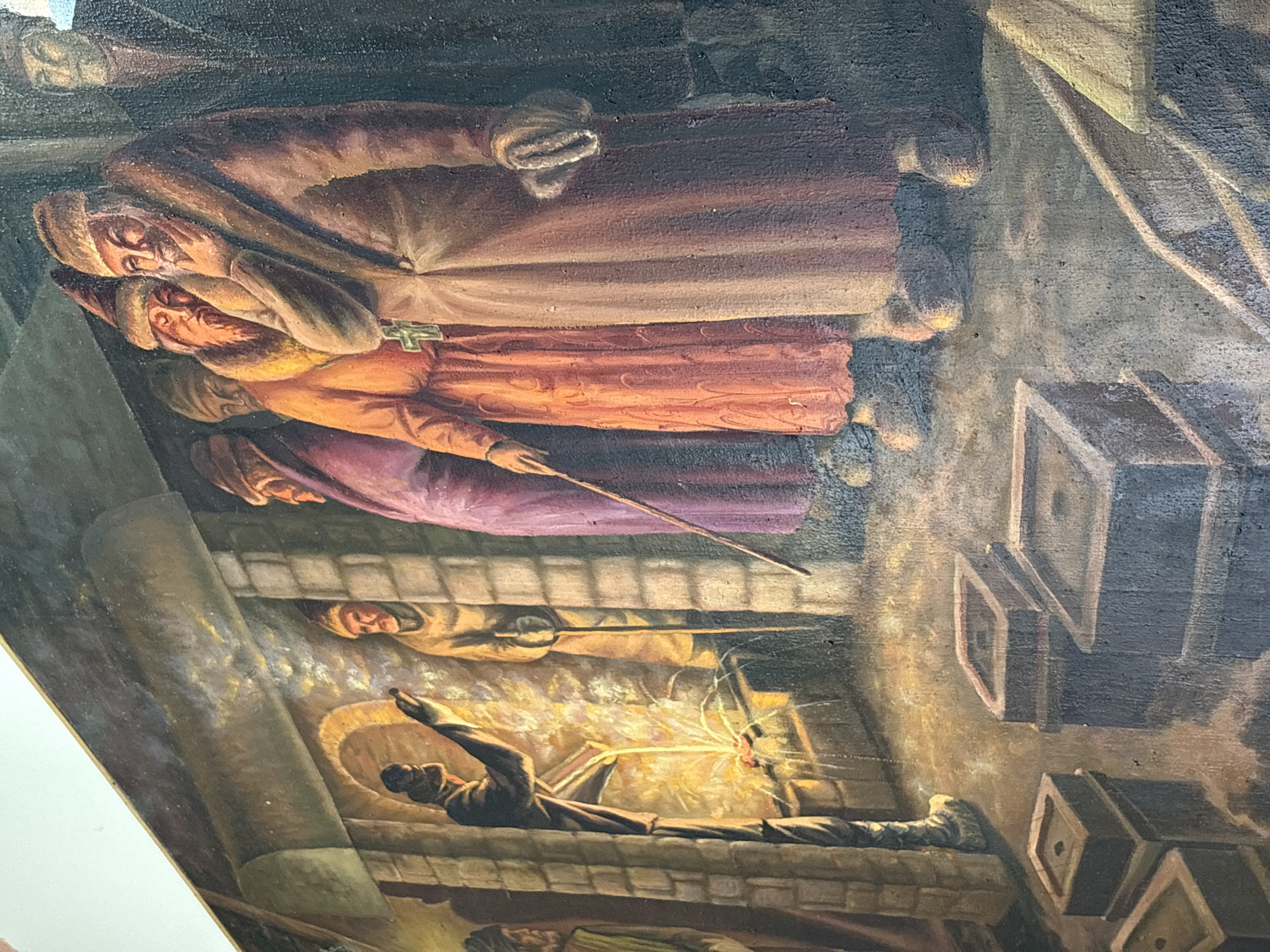 This is a painting depicting a scene from the city of Suksun, Russia, likely related to its historical copper production. In the foreground, several square molds or containers are visible, some stacked. The central action involves a figure in dark clothing pouring a bright, molten substance from a vessel into a mold, creating sparks and a radiant glow. This figure appears to be a craftsman or worker, possibly a coppersmith, engaged in the process of metal casting.
Behind this central figure, a line of other individuals are observing the process. These figures are dressed in historical attire, with some wearing fur-trimmed hats and coats, suggesting a cooler climate or a historical setting. One figure in an orange robe and a tall, pointed hat is positioned to the left of the main pouring action, holding a staff. To the right, a figure in a large, fur-lined coat and a fur hat is seen with a hand to their chin, seemingly in contemplation or observation. Another figure in a purple robe stands further back, also holding a staff.
The environment appears to be an interior space, possibly a workshop or foundry, characterized by stone walls and an arched opening in the background from which light emanates. The overall lighting in the painting is dramatic, with strong contrasts between the bright glow of the molten metal and the darker tones of the surrounding environment and figures. The style of the painting suggests a realistic, historical narrative.