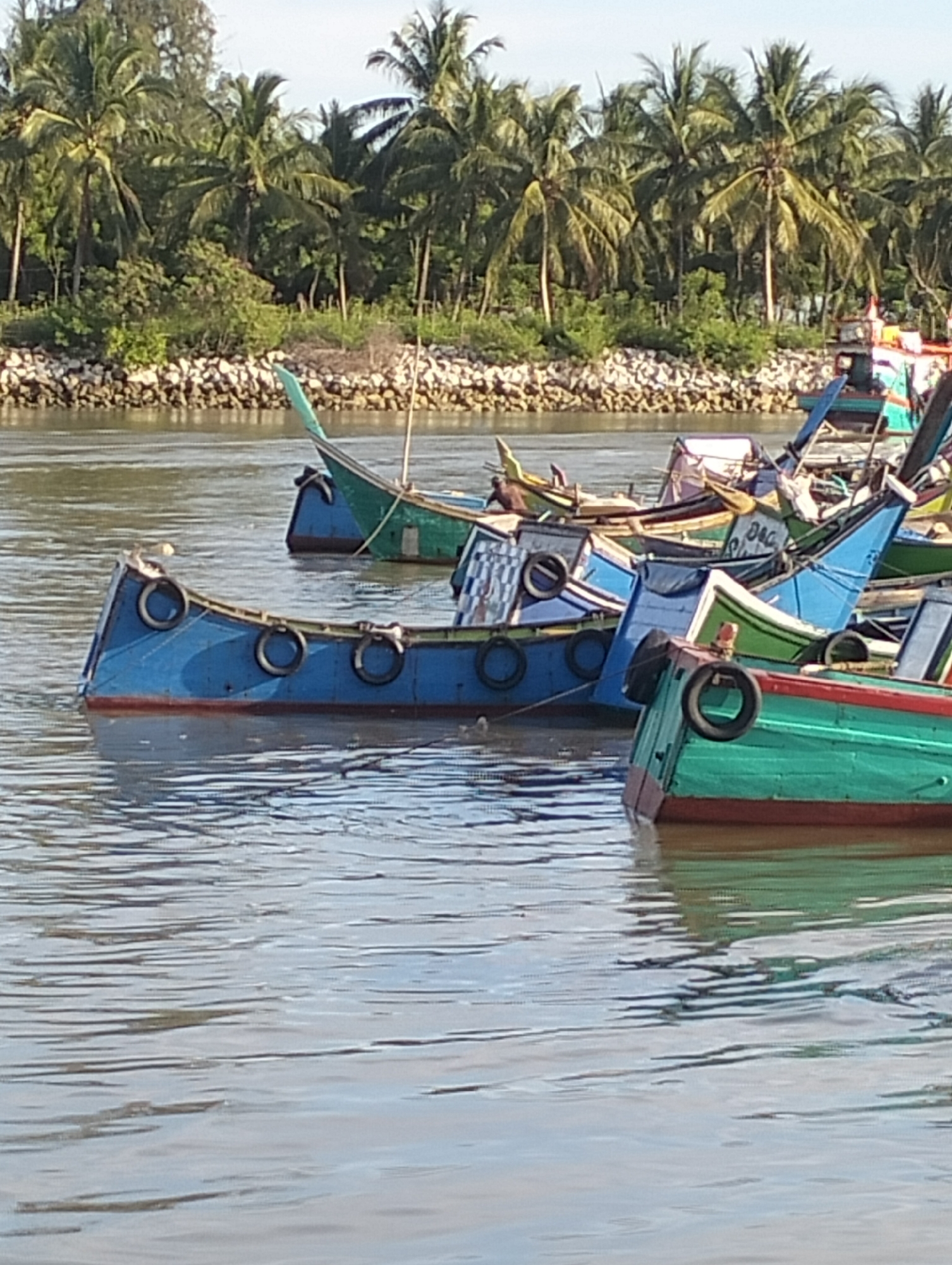 The photograph captures a scene in Lhokseumawe, Indonesia, featuring several small, brightly-colored fishing boats moored in a body of water, likely a river or harbor. The boats are a mix of blue, green, and red, with some displaying black tires along their sides, presumably for protection. Palm trees line the distant shore behind a breakwall. A seagull is perched on the stern of one of the blue boats in the foreground. The water shows ripples, indicating slight movement or wind. The overall lighting suggests it is daytime.