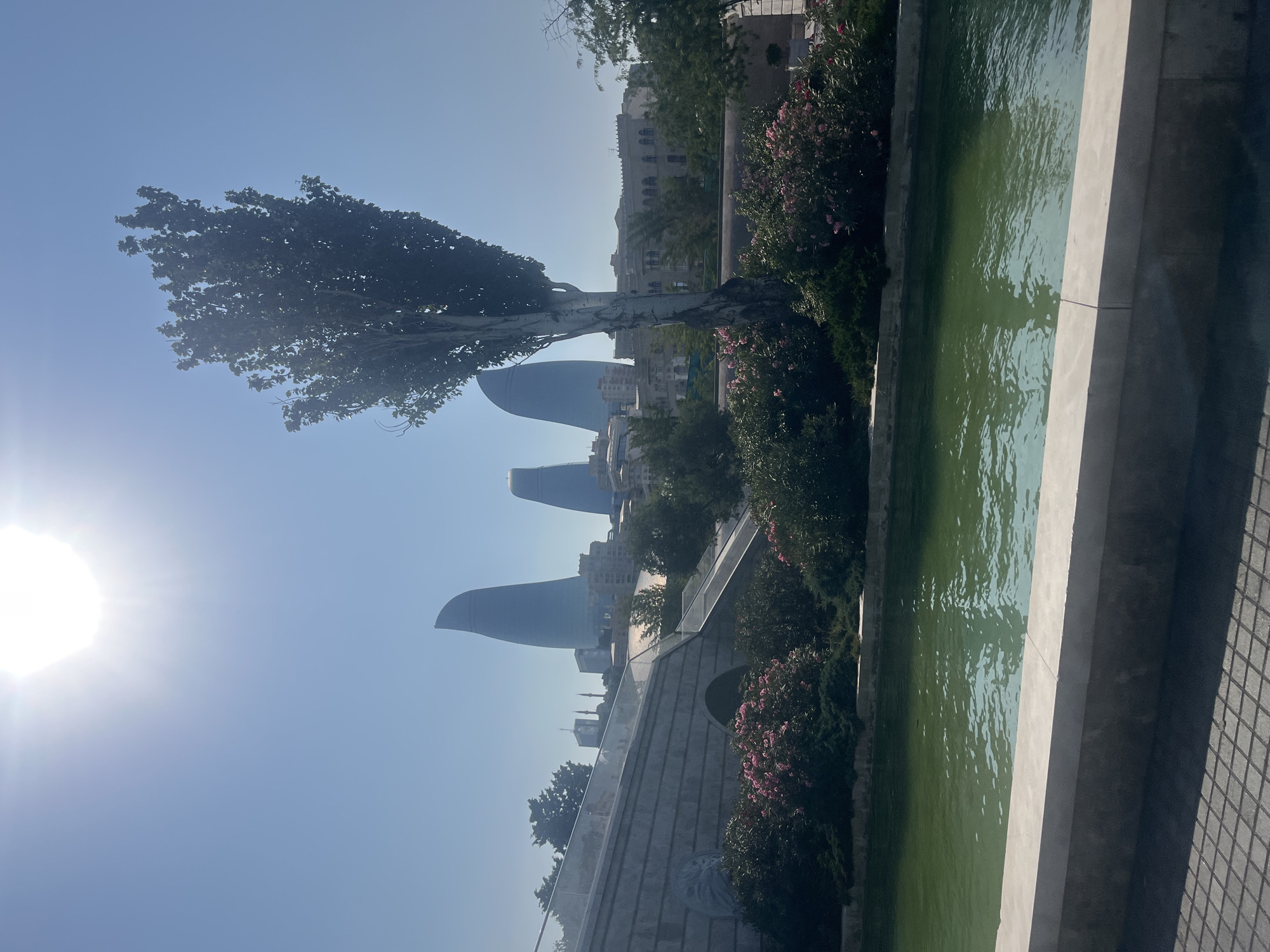 The image depicts a park area with a body of water in the foreground, likely a canal or fountain, with a light-colored concrete edge. Beyond the water, there is a well-maintained garden with lush green bushes and flowering pink plants. A large tree with a pale, textured trunk and dark green foliage stands prominently in the mid-ground, to the right of center. Behind the garden and tree, a modern architectural structure with a curved, sloped roof and transparent barriers is visible, resembling a ramp or bridge. In the background, three distinctive flame-shaped skyscrapers dominate the skyline, characteristic of the Flame Towers in Baku, Azerbaijan, located in the Sabail Raion. The sky is clear and bright blue, with the sun high and intense, casting a bright glare and lens flare in the upper left quadrant. The overall scene suggests a sunny day in an urban park setting.
