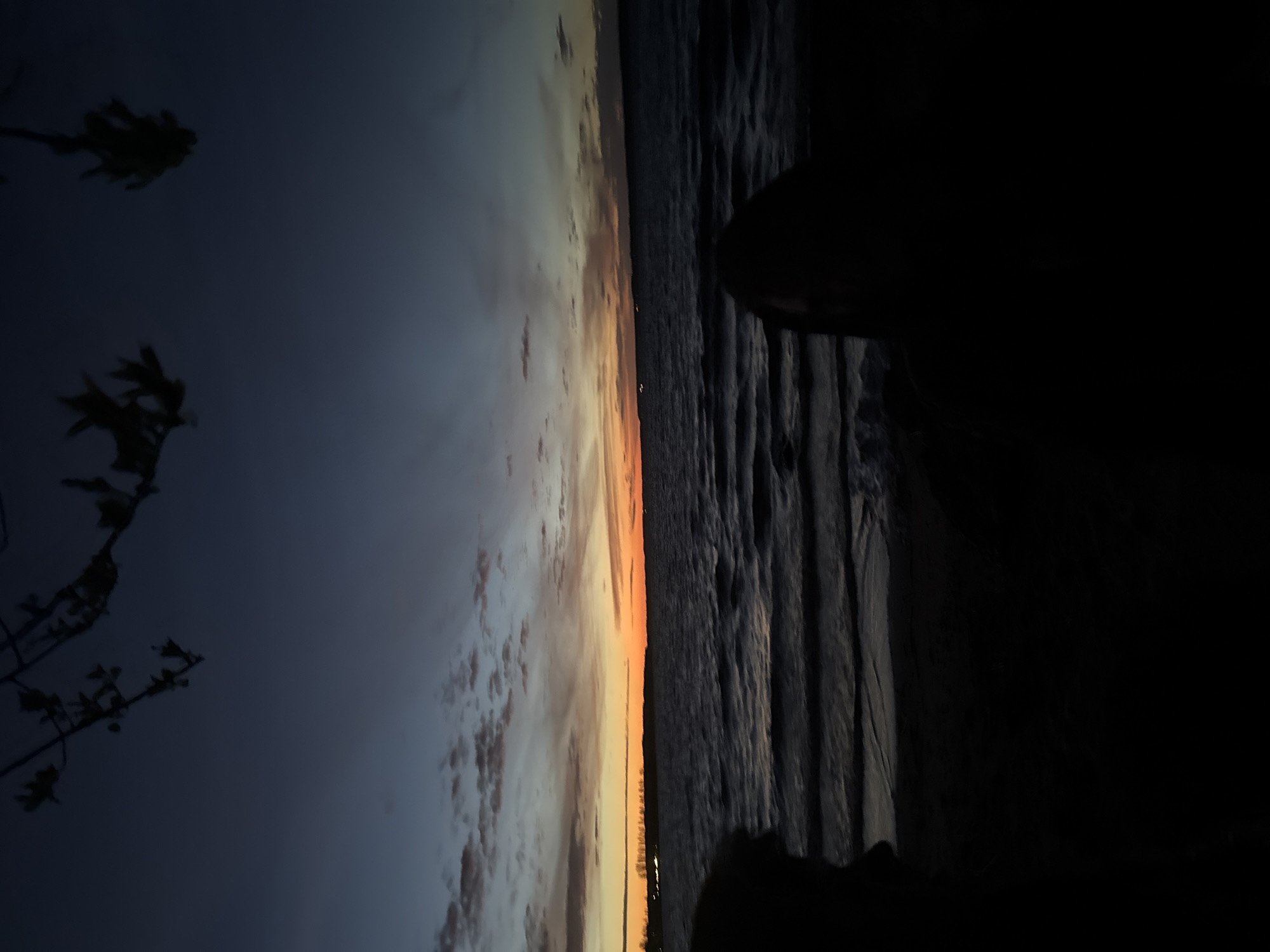 The image captures a twilight scene, likely a sunset, over a body of water near Riga, Latvia. The composition is horizontally oriented, with the sky, horizon, and foreground elements divided into distinct sections.
In the upper left portion, dark, silhouetted branches and foliage of a tree or bush are visible against the fading light of the sky. The sky itself dominates the central part of the image, showcasing a beautiful blend of colors transitioning from warm oranges and yellows along the horizon line to cooler blues and grays higher up. Scattered clouds, some tinged with the sunset's glow, are present.
A thin line of distant lights is faintly visible on the horizon, suggesting a distant shore or boats. Below the horizon, a large body of water, likely the Baltic Sea, stretches across the mid-ground. The water's surface appears dark and textured with visible ripples or gentle waves, reflecting the low ambient light.
In the far right and bottom right of the frame, a prominent, dark silhouette of a person's head and shoulder is visible, suggesting someone is seated or standing, observing the scenic view. This figure is almost entirely black, emphasizing the dramatic low-light conditions.
The overall atmosphere is serene and contemplative. The absence of bright light sources, except for the fading sunlight and distant artificial lights, indicates either early morning or late evening. No discernible text is visible in the image.