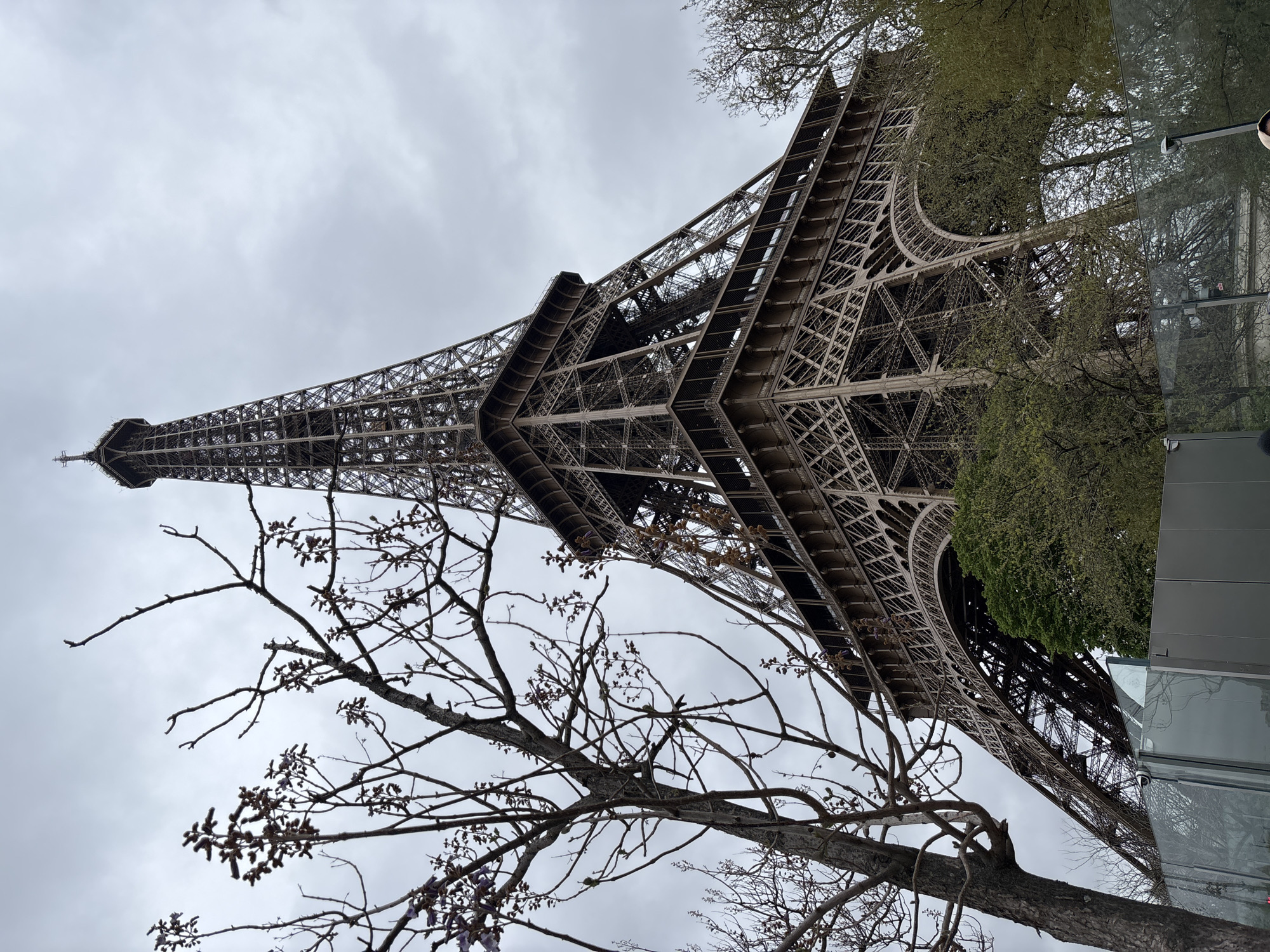 The image captures a view of the Eiffel Tower in Paris, France, from a low angle. The sky is overcast and grey. The tower is constructed of metal latticework. Bare tree branches are visible in the foreground, partially obscuring the tower's base. A section of a building, possibly with a glass facade, is visible to the right.