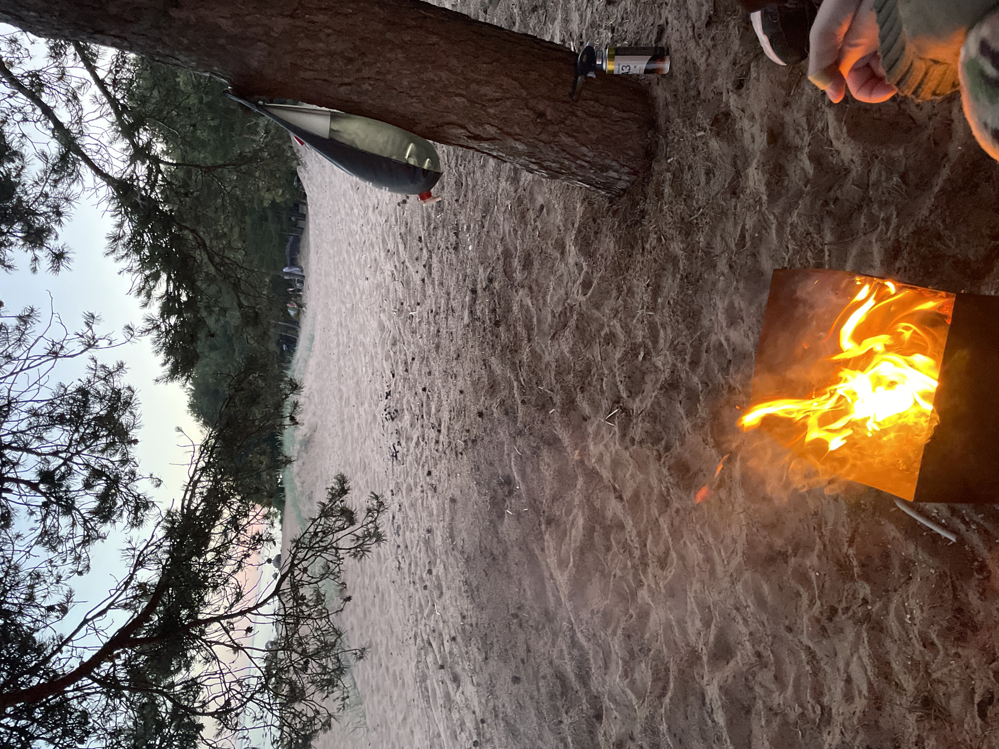 The image depicts an outdoor scene on a sandy area, likely near a forested coastline. In the foreground, a metal fire pit contains a bright, active fire with visible flames and smoke. To the right of the fire pit, a person's hands are visible, suggesting they are near the fire. A gas canister with the label "A3" is placed on the sand near a large tree trunk. Suspended from the tree trunk is a dark, elongated object, possibly a water bladder or bag. The background reveals a sandy expanse leading towards a dense forest. In the distance, a few individuals and what appear to be tents are present, indicating a campsite. The sky is overcast with soft light, suggesting either dawn or dusk. The overall setting appears to be a natural, possibly remote, outdoor location. It is not possible to definitively determine the location in Shepelevo, Russia based on the provided image.