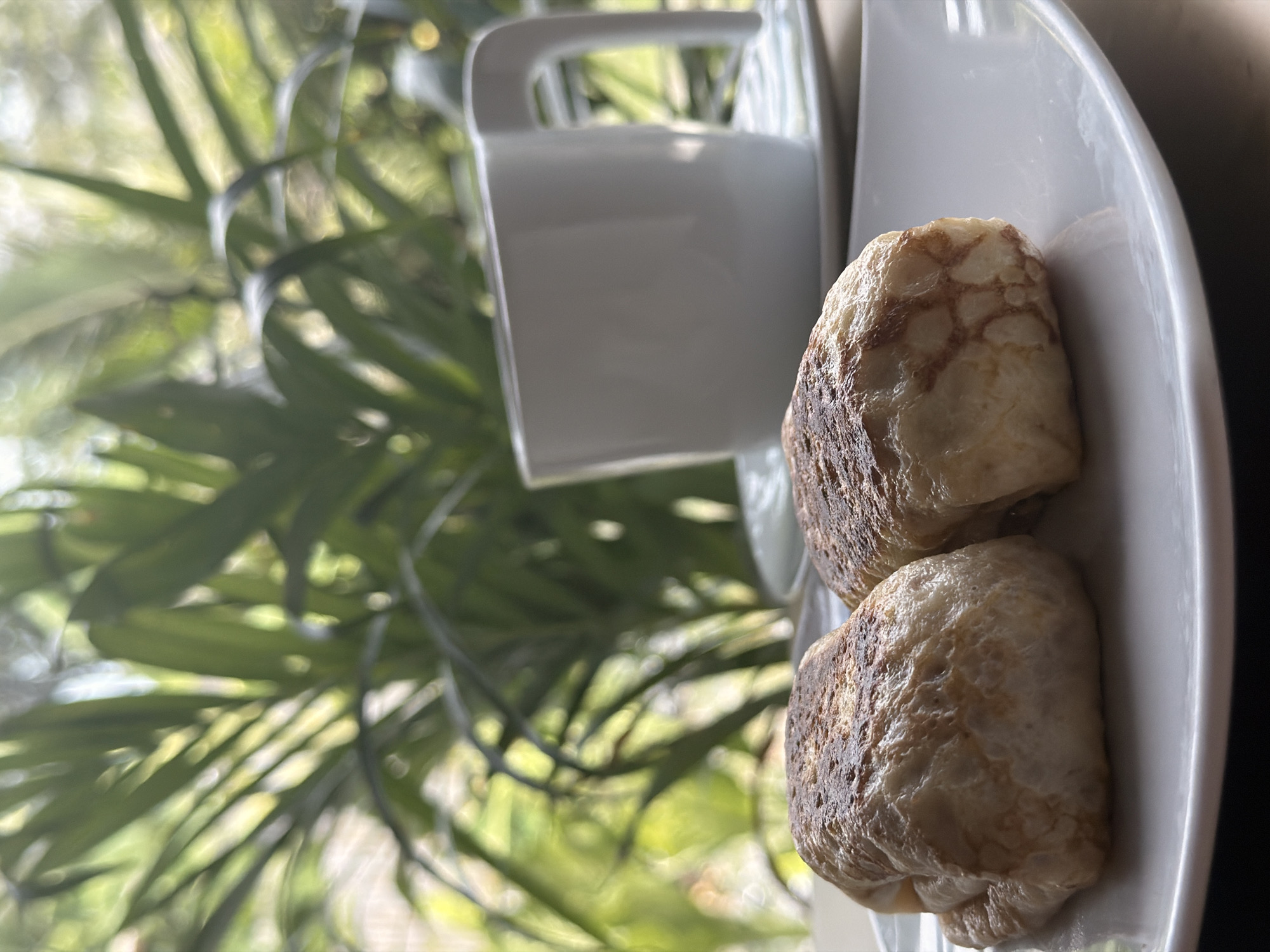 A close-up shot captures two golden-brown pastries on a white plate, set against a blurred backdrop of lush green foliage. In the background, a white coffee cup rests on its saucer, suggesting a leisurely morning or break. The natural light filtering through the leaves creates a soft, ambient glow. The scene evokes a tranquil atmosphere, likely in an outdoor dining area or a room with a view of a garden, possibly in a resort or cafe within the Ko Samui District, Thailand, given the tropical plant life.