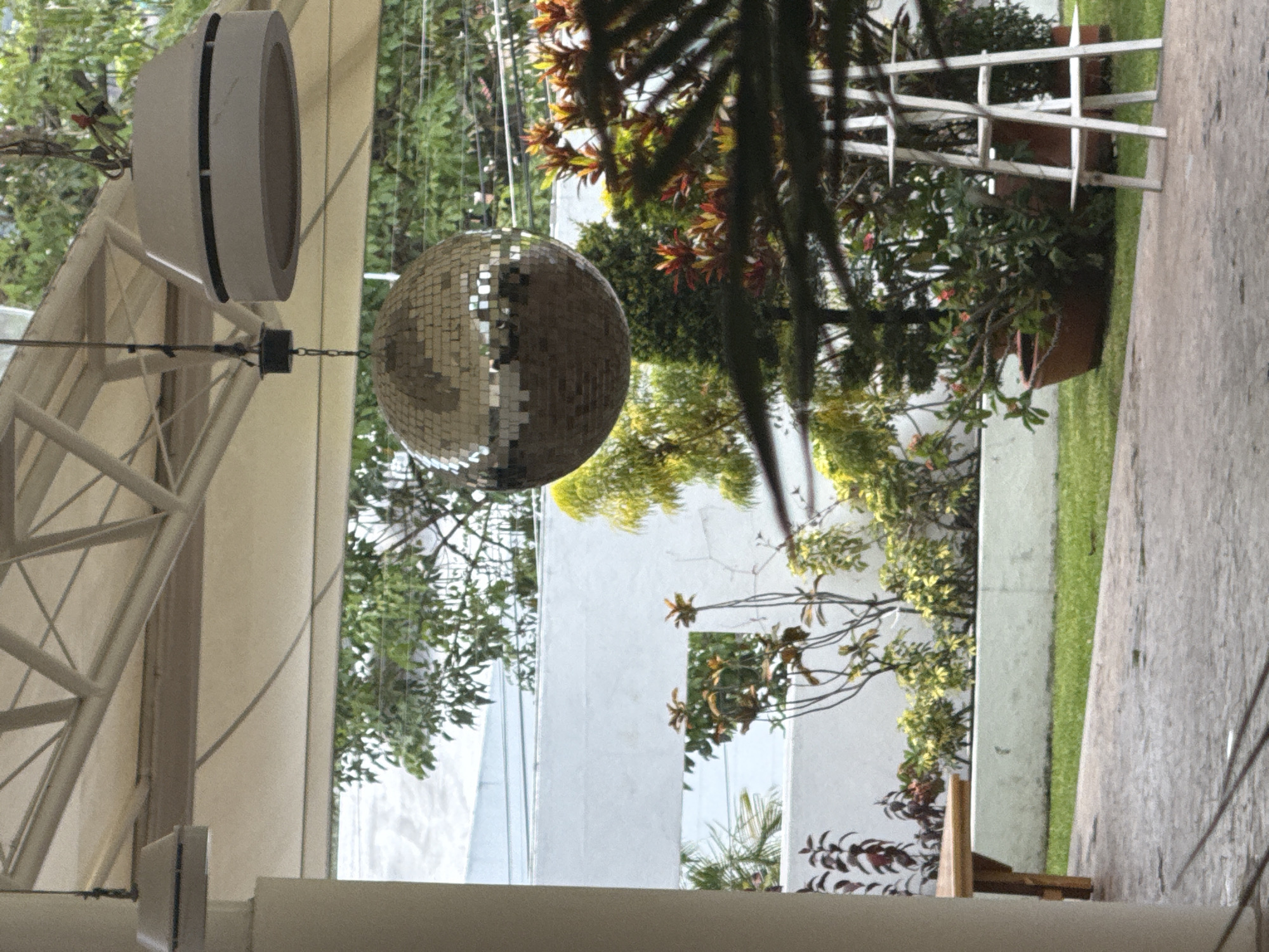 The image, originally rotated 90 degrees clockwise, captures an outdoor or semi-outdoor setting, possibly a patio, garden, or recreational area, under natural daylight.
In the upper left quadrant of the upright image, a white, cylindrical object resembling a speaker or light fixture is suspended from a white overhead structure, likely part of an awning or pergola. Below and slightly to the right of this object, a large, spherical disco ball, covered in numerous small, reflective silver squares, hangs by a chain.
The background is dominated by a rich array of green foliage, including dense trees and bushes, some displaying autumnal or variegated colors with yellowish and reddish leaves. Behind the greenery, parts of a modern, white building or wall are visible. Towards the right side of the frame, a decorative white fence, possibly made of metal or wood, stands amidst the plants, featuring pointed tops on its vertical elements. Beyond the fence, a section of green grass is visible, bordering a grey, paved pathway or concrete surface that runs along the far right edge of the image.
The scene is devoid of people or explicit activity, presenting a tranquil ambiance. The presence of the disco ball suggests the space is used for gatherings or celebrations. The lighting indicates it is daytime. No visible text is present in the media file. The context for the location is Tres de Mayo, Mexico.