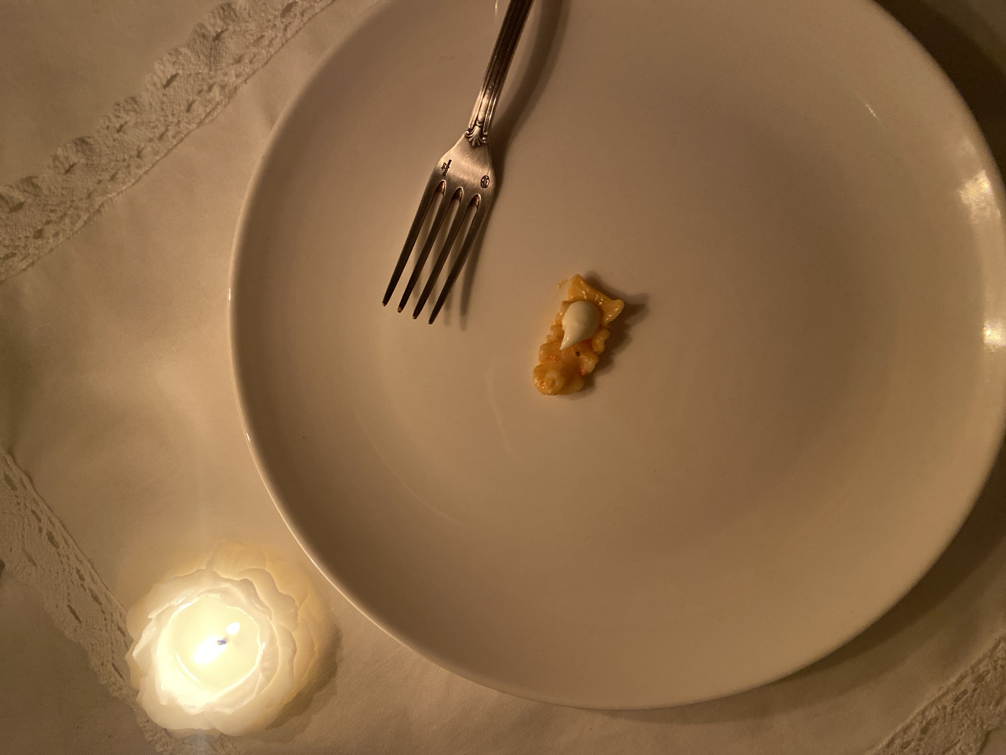 A nearly empty white plate sits on a white tablecloth with lace edging. A silver fork rests on the plate, next to a single piece of pasta with a dollop of white sauce. A lit, floral-shaped white candle sits to the lower left of the plate. The scene is lit with a warm, subdued light. The location is not discernible from the image.