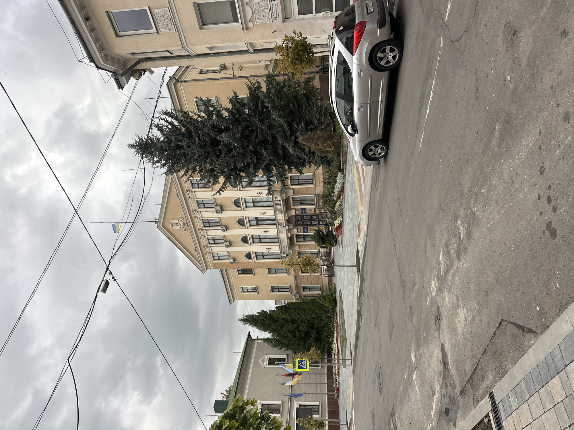 The image captures a view of the Ternopil Regional State Administration building in Ternopil, Ukraine. In the foreground, a silver station wagon is parked on the right side of the street. The street itself appears to be asphalt, with some signs of wear and tear.
The central focus is the light yellow administrative building, characterized by its classical architectural style, featuring arched windows, columns, and a prominent entrance with stairs. A large evergreen tree stands tall next to the building. To the left of the main building is a smaller, grey building with a green roof. In front of these buildings, there is a landscaped area with flower beds and several flagpoles flying flags, including the Ukrainian flag and what appears to be the European Union flag. A pedestrian crossing sign is visible on the left side of the image.
The sky is overcast with clouds, suggesting a potentially grey or rainy day. Overhead, power lines crisscross the sky, with a street lamp visible on one of them. The overall scene depicts a civic space with governmental buildings and surrounding urban infrastructure.