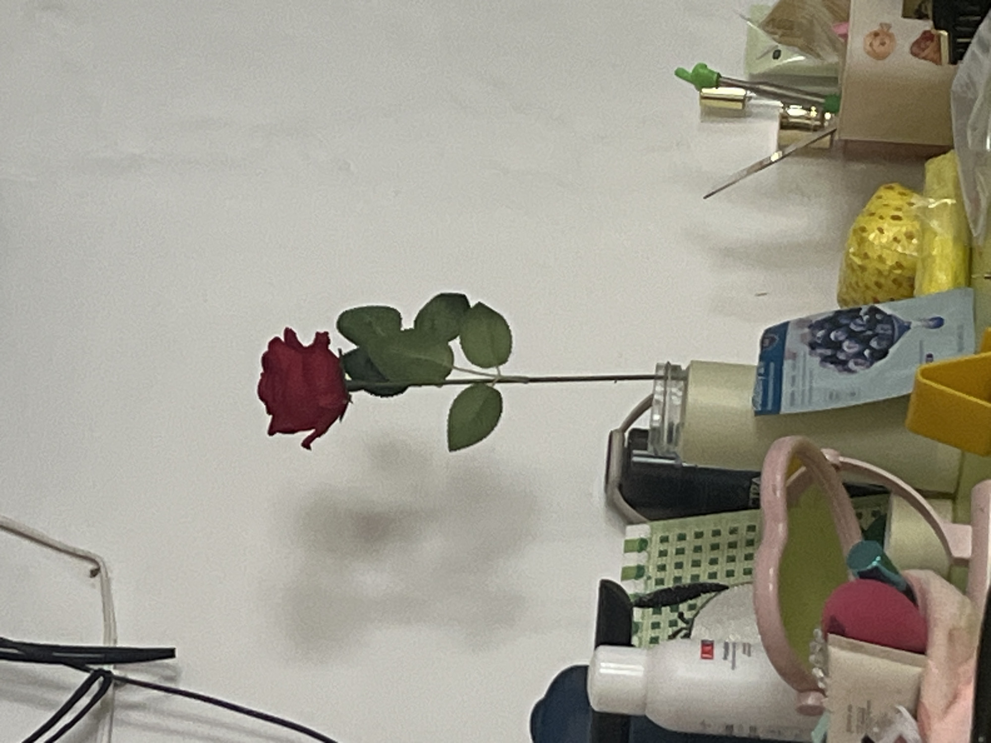 A single, dark red rose with green leaves is positioned horizontally against a white wall, casting a shadow. The rose appears to be artificial, likely a prop or decoration. To the right of the rose, a collection of various objects is visible, suggesting a cluttered shelf or workspace. These objects include what appear to be bottles, containers, and other assorted items, some in plastic packaging. Among these, a yellow sponge-like object and a packet with dark blue circular patterns are discernible. The lighting suggests an indoor environment, possibly with natural light from an unseen source. There is no indication of the time of day, weather, or specific location cues beyond the objects that might be found in a home or personal space. No people are visible in the image.