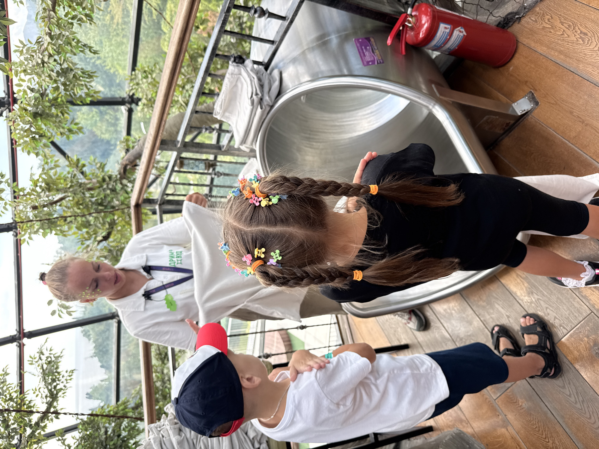 In a lush, greenhouse-like environment with a view of the sea and mountains in the background, a woman in a white polo shirt is interacting with two children. The woman appears to be a guide or staff member, as indicated by a lanyard and a badge with text. She is holding a folded white garment. One child, a boy wearing a red, white, and blue baseball cap and a white t-shirt, stands to her left, looking towards her. To the woman's right, a young girl with braided hair adorned with colorful butterfly clips stands facing away from the camera, looking at a large, metallic, curved chute. The girl is wearing a black t-shirt and black shorts. The scene is set on a wooden floor, with a metal railing and foliage surrounding the area. A red fire extinguisher is visible near the base of the chute. The overall impression is of a recreational or educational facility, possibly an amusement park or zoo, located in the area of Симеизский поселковый совет, Ukraine.