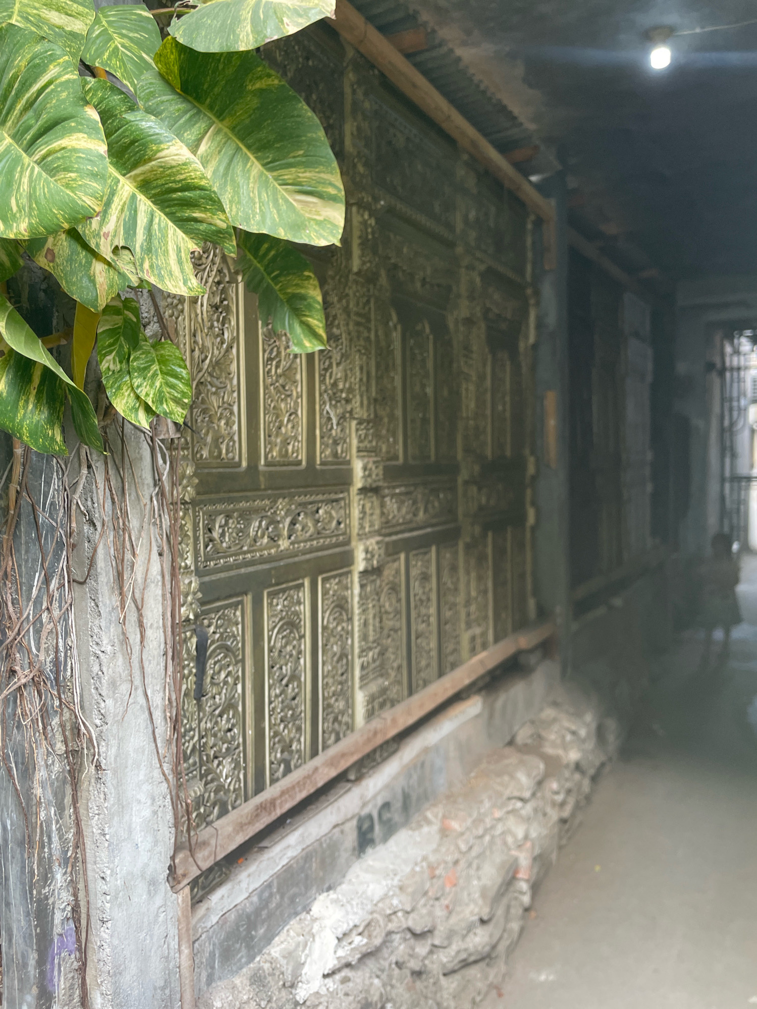 In a narrow walkway in West Jakarta, Indonesia, a weathered, ornate metal wall panel dominates the scene. The panel, adorned with intricate carvings and framed by a wooden beam, spans the length of the walkway. To the left, lush green and yellow variegated leaves of a Pothos plant cascade down a concrete pillar, their aerial roots dangling precariously. The walkway itself is partially covered by a corrugated metal roof, supported by wooden beams. A single lightbulb hangs from the ceiling, casting a dim glow. The ground is uneven, with patches of mud and rough-hewn stones. In the distance, a blurry figure can be seen walking down the walkway, adding a sense of depth and movement to the otherwise static composition.