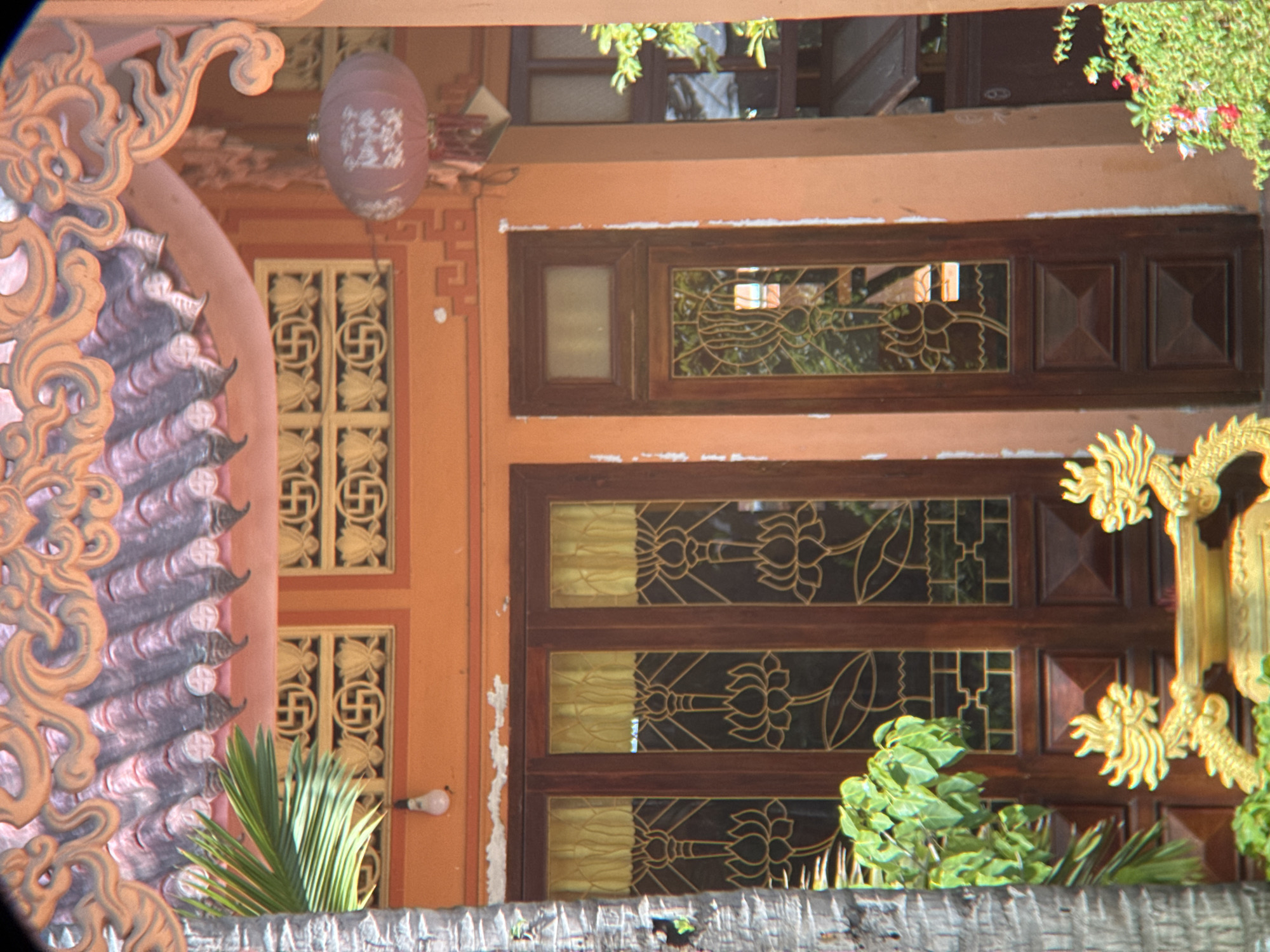 This is a medium shot of a traditional Vietnamese building, likely a temple or pagoda, in Nha Trang, Vietnam. The building features orange-colored walls and a roof with dark, curved tiles. Ornate, golden carvings adorn the eaves of the roof. Below the roofline, there are decorative windows with latticework that includes Buddhist swastikas and lotus flower motifs. A large, purple lantern hangs from the facade.
In the foreground, there are two prominent wooden doors with glass panels featuring intricate golden lotus flower designs. To the left, a portion of a palm tree trunk is visible. In front of the doors, there is a golden basin or statue, possibly part of an altar, supported by two dragon sculptures. Lush green foliage is present on the left side and also on the right side of the building, where some small red and white flowers are visible. The overall impression is one of cultural and religious significance, with a focus on traditional architecture and symbolism.