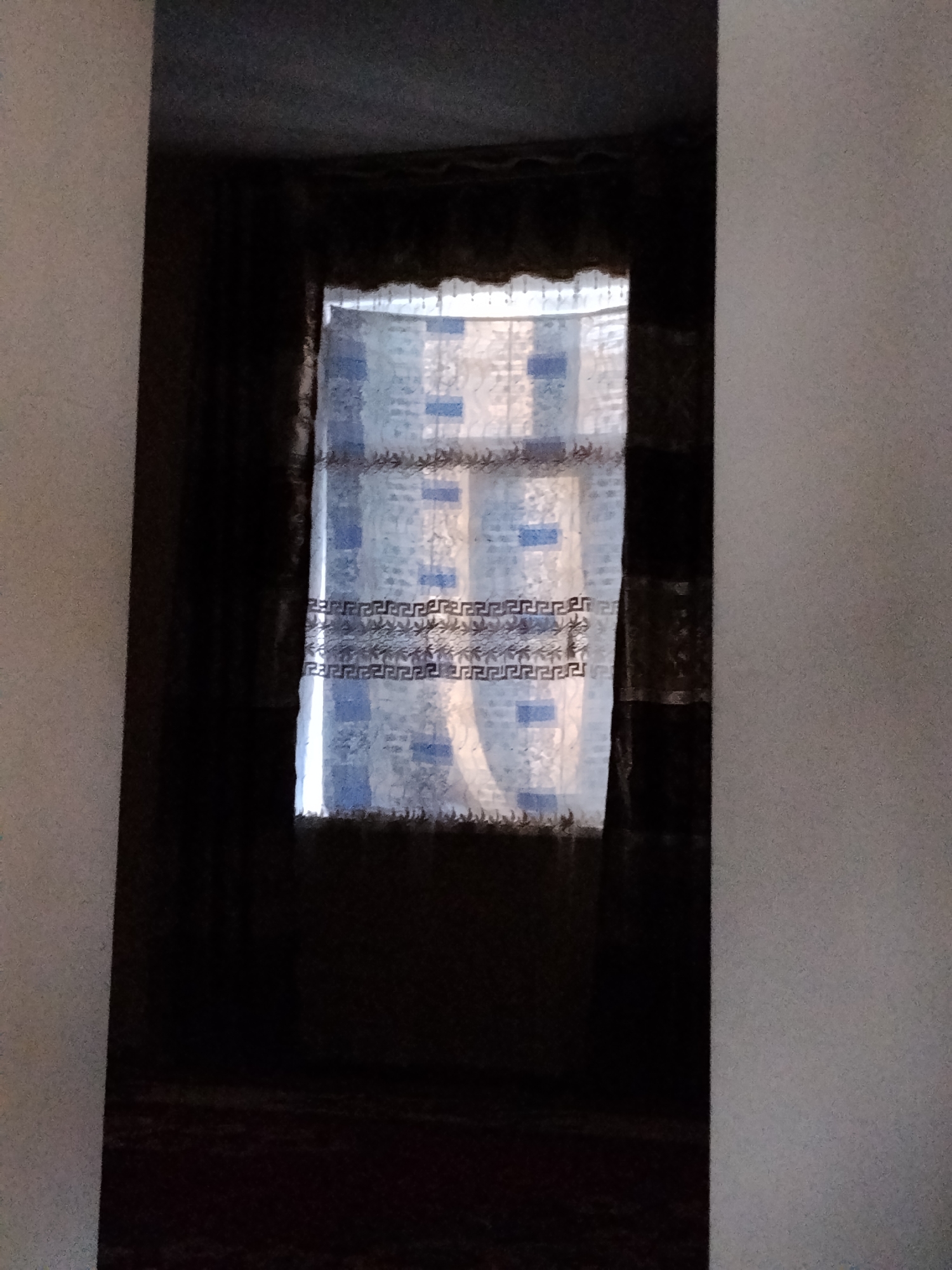 A dimly lit room with a window is depicted. The window is covered by a sheer curtain with a blue checkered pattern and a decorative border. The curtain appears to be made of a fine, light-colored fabric with intricate patterns. Outside the window, the scene is indistinct, but hints of light suggest daylight. The room itself is dark, with what appears to be a dark-colored carpet on the floor. The walls are a light, neutral color. The photograph has a grainy texture, and the lighting is low, creating shadows. The scene is static and shows no activity. The image is likely taken inside a residential building in Hojaabad, Uzbekistan.
