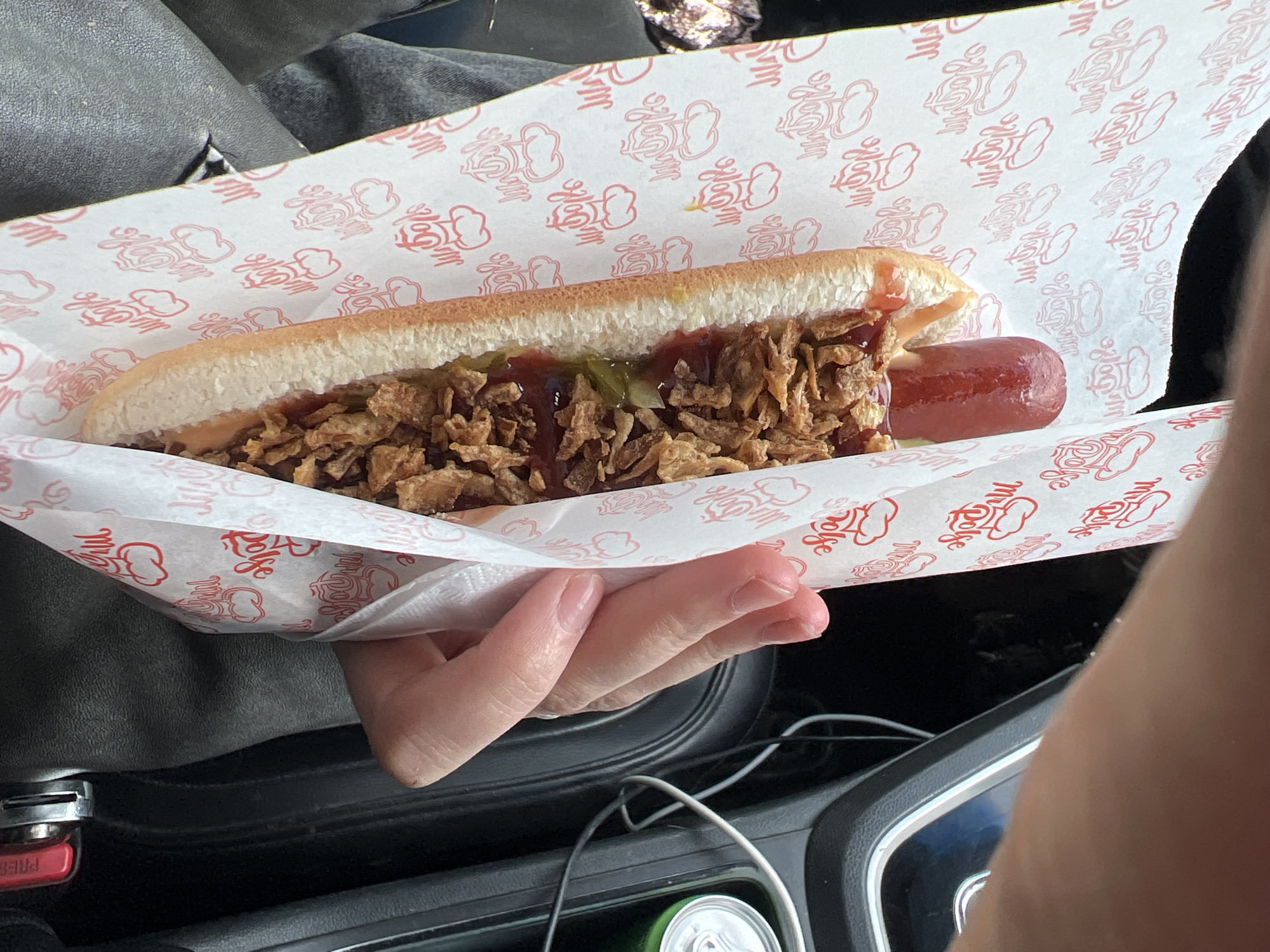 A partially eaten hot dog in a bun, topped with fried onions, relish, and condiments, is held in a paper wrapper with a red and white pattern, inside a vehicle. The scene includes a person holding the hot dog, portions of the vehicle's interior (leather seat, center console with cables, and a beverage can), and suggests a roadside or travel context, given the quick meal setting.