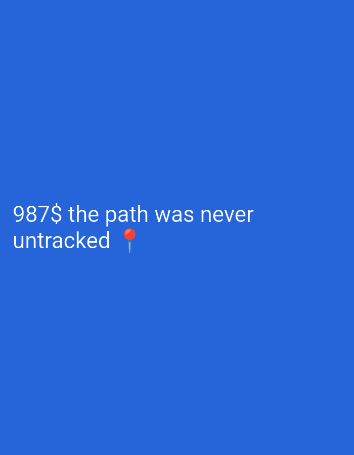 A plain blue background is overlaid with white text that reads "987$ the path was never untracked." Below the text "path was never," a red pushpin emoji is displayed.
