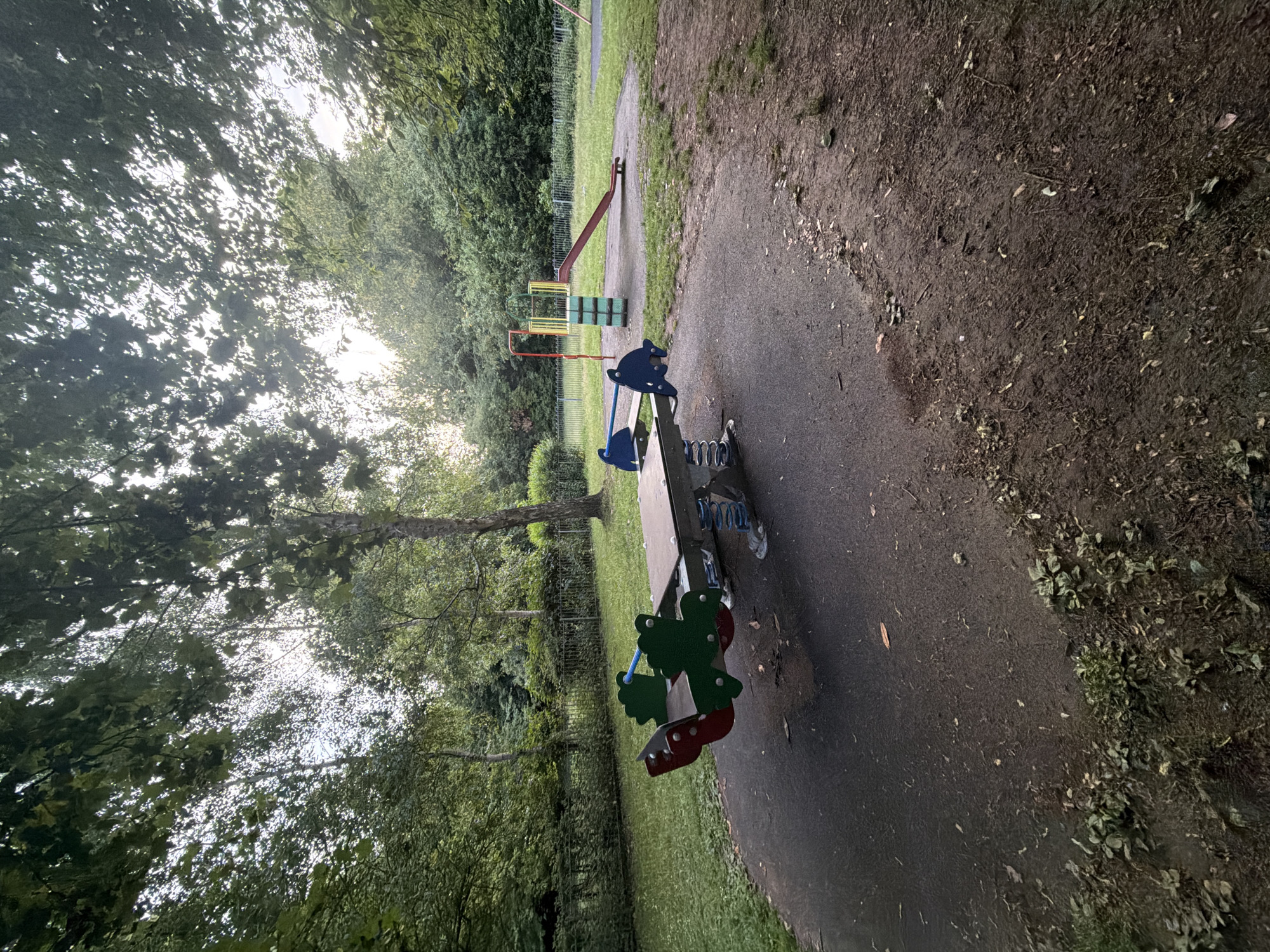 This image displays an unoccupied children's playground situated within a park-like environment in Maidstone, United Kingdom. The scene is illuminated by diffused daylight filtering through an overhead canopy of trees.
In the foreground, a dark, worn asphalt or rubberized safety surface covers the ground, showing signs of use and minor debris. This surface transitions into an unpaved area of disturbed soil, with sparse green vegetation, including weeds and small plants, and scattered dry leaves.
The midground features two distinct playground structures. On the left, a multi-seat spring rocker, resembling a seesaw, is mounted on blue coil springs. The seating sections are shaped like stylized animals, with one end painted red and green, and the other blue and green, each equipped with blue handrails. To the right, another playground structure comprises a red slide with a low platform, connected to a climbing apparatus featuring yellow and red metal bars and green block-like steps. These structures rest on patches of worn grass and dirt.
A dark metal fence encloses the immediate playground area, separating it from a larger expanse of green grass. The background is dominated by a dense arrangement of mature trees and bushes with lush green foliage, forming a natural boundary. The sky is partially visible through the upper tree canopy. No individuals are present in the image.