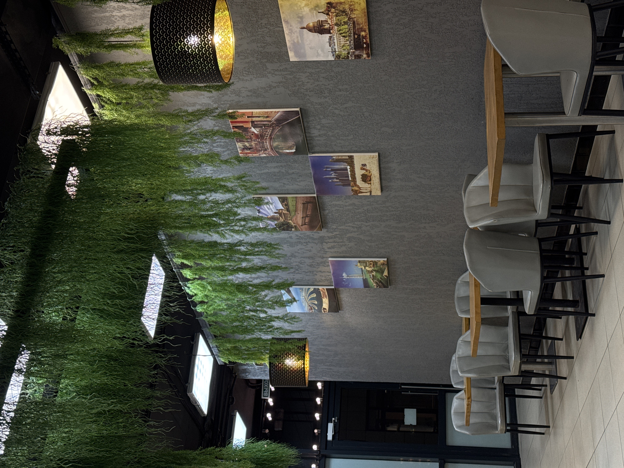 The image captures the interior of a modern cafe or restaurant, presented as if the viewer is looking upwards and across the room. Artificial green foliage hangs extensively from the ceiling, creating a lush, organic canopy, illuminated by bright overhead lights and windows. Several stylish black pendant lamps with patterned exteriors and warm golden interiors cast a soft glow.
The dark grey, textured wall is adorned with a series of framed pictures or postcards. These depict various global landmarks, including what appears to be Saint Isaac's Cathedral in Saint Petersburg, a picturesque canal scene (possibly Venice), a desert landscape with camels and distant skyscrapers (reminiscent of Dubai), and another view of modern architecture.
Along the right side of the frame, several light grey upholstered chairs with black metal frames are neatly arranged at long wooden tables or a counter. The floor is tiled in a light pattern. The space appears unoccupied, suggesting it might be closed or during off-peak hours. A green "ВЫХОД" sign, which is Russian for "Exit," is visible, confirming a Russian-speaking location consistent with Saint Petersburg. The overall ambiance is contemporary, clean, and decorated with a blend of natural elements and international themes.