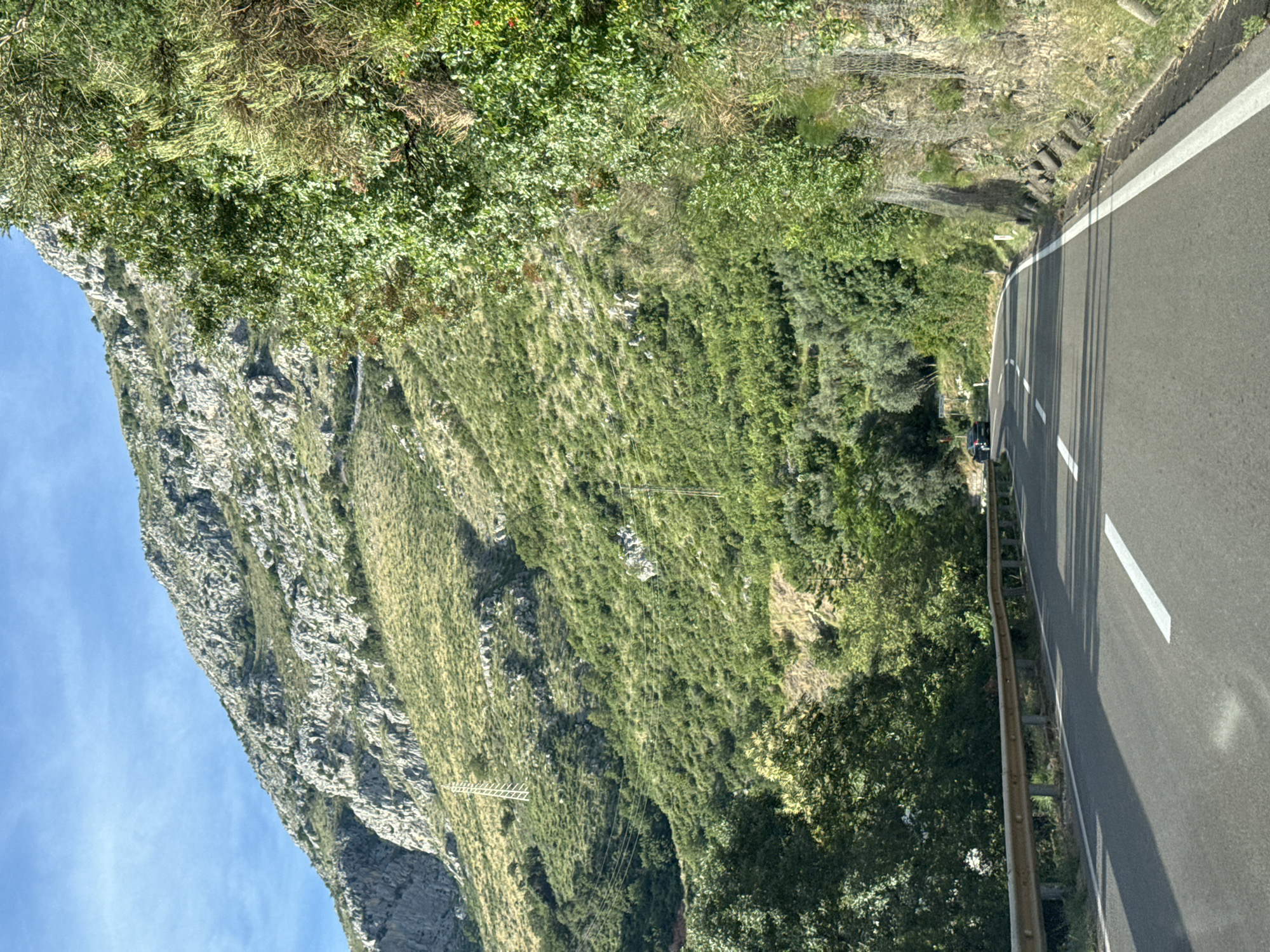 The image shows a winding road with a guardrail on the left, leading into a mountainous landscape. The road is asphalt with white lane markings. On the right side of the road, there is a steep, rocky incline with netting to prevent rockfalls, and various vegetation. The mountain slopes are covered with green grass and scattered trees. In the distance, a black car is visible on the road. The sky is blue with some clouds. The scene appears to be located in a rural, mountainous area, possibly along a coastal road given the vegetation. The overall impression is a scenic drive through a natural landscape.