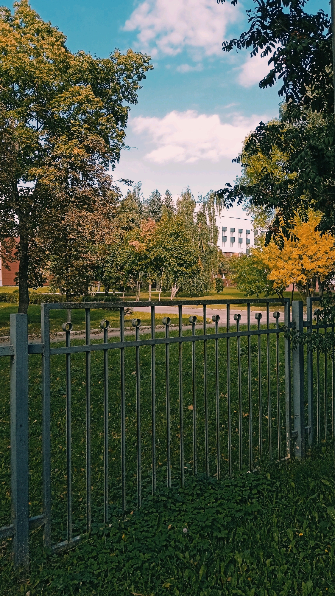 The image shows a view of a building through a fence in a park-like setting. The fence is made of dark metal bars with decorative circular elements at the top. Beyond the fence, there is a grassy area with scattered trees displaying autumn foliage in shades of green, yellow, and brown. In the background, a modern white building with multiple windows is visible. The sky is blue with scattered white clouds. The scene suggests an outdoor public space, possibly near a residential or institutional area, within the Бараўлянскі сельскі Савет, Belarus, during the fall season. There are no people or animals present.