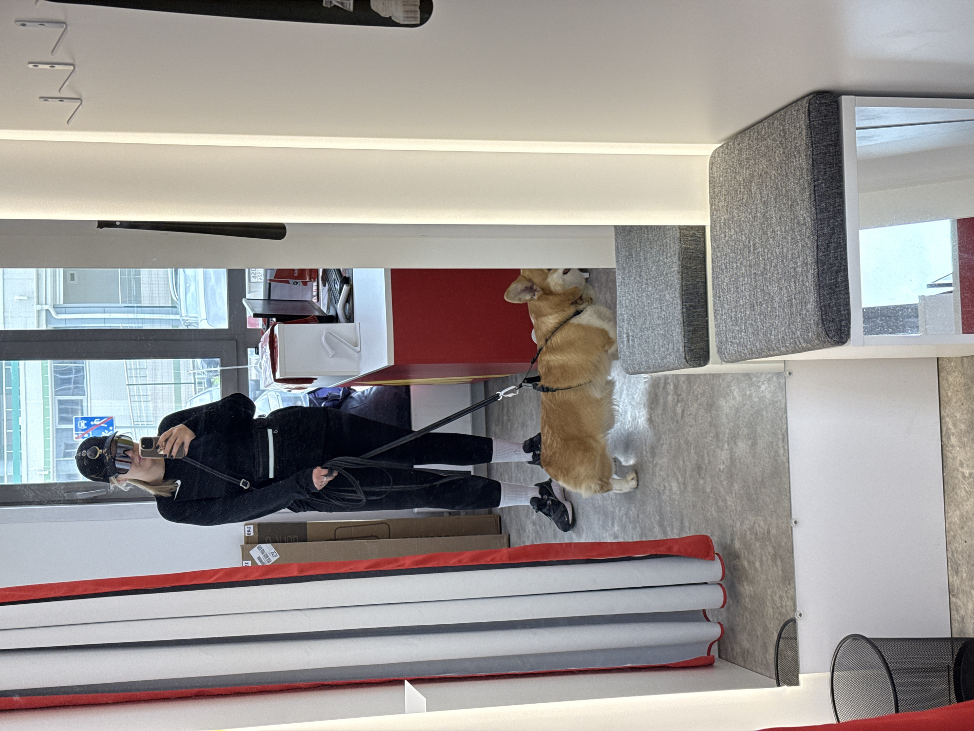 A woman in black athletic attire takes a selfie in a brightly lit interior space, while simultaneously holding a leash attached to a Pembroke Welsh Corgi. The interior appears to be a store or showroom with stacked fabric-covered items with red trim. The background visible through a window suggests an urban environment, however, it does not show indicators to identify a location in Krasnoyarsk, Russia.