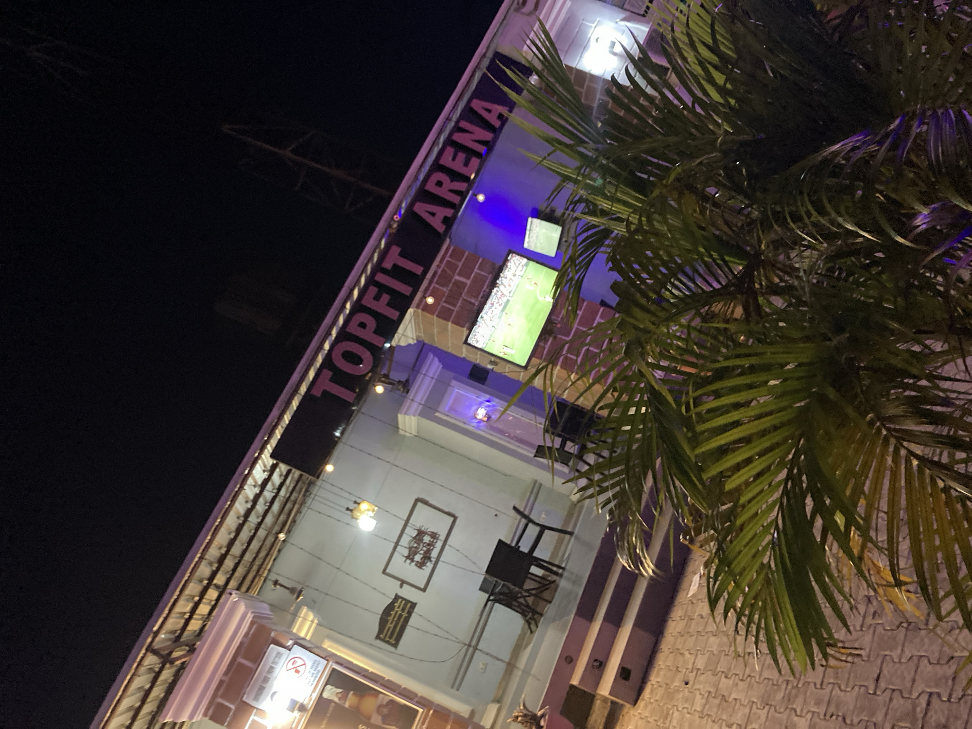 In Gwarinpa, Nigeria, at night, the image captures a scene outside an establishment with a sign that reads "TOPFIT ARENA". The building has a brick facade and is illuminated by purple and white lights. Two televisions are mounted on the wall, one displaying a soccer match. In front of the establishment, there are outdoor seating areas with tables and chairs. A palm plant with large fronds partially obscures the view. The ground is paved with interlocking bricks. The overall impression is of an entertainment or sports bar.