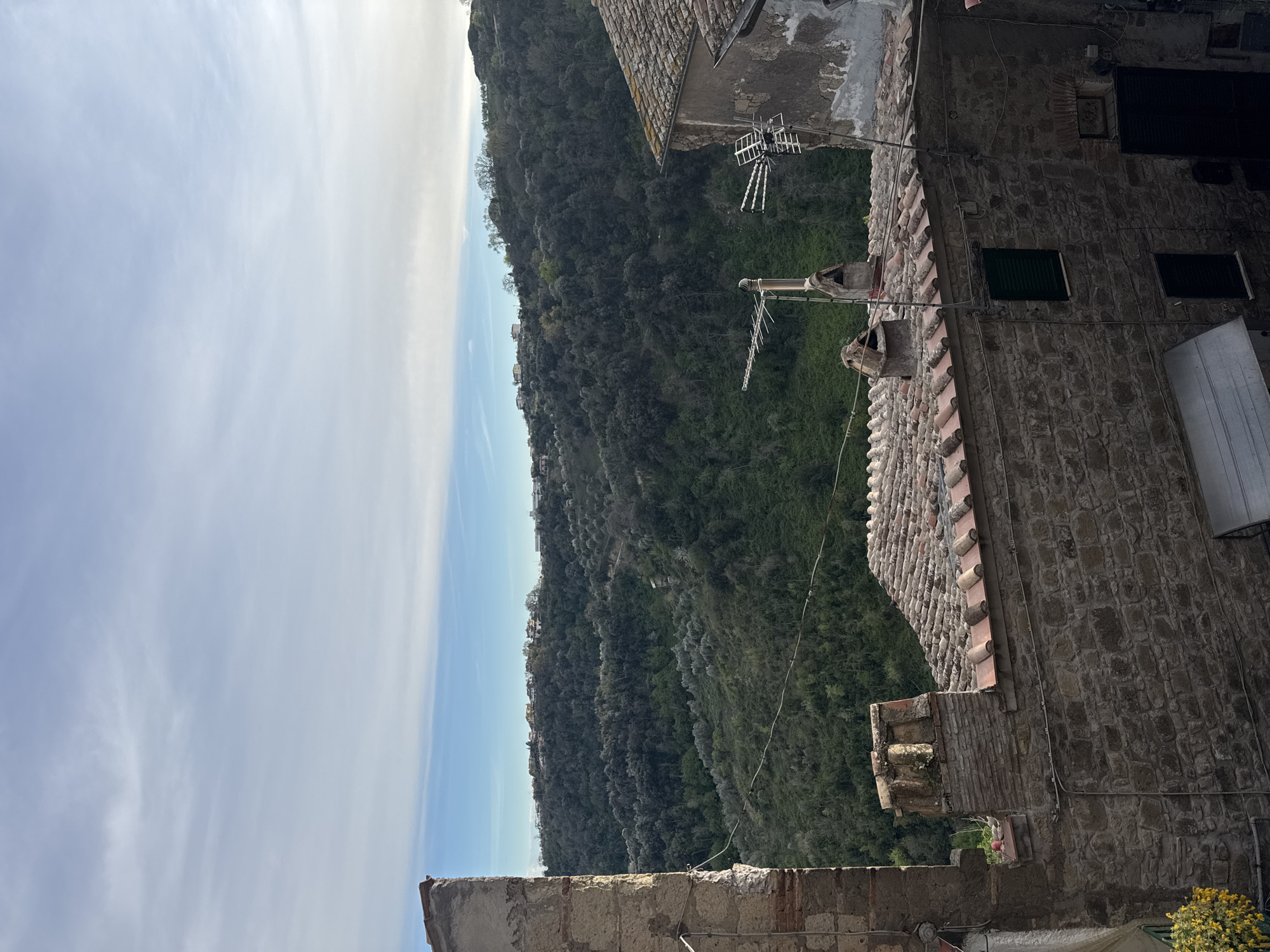 This image depicts an elevated outdoor view over a valley and rooftops within the city of Castelnuovo di Porto, Italy. The upper portion of the frame features a bright sky with sparse, wispy white clouds against a pale blue background, indicating daylight.
The middle ground is dominated by a densely vegetated, rolling landscape consisting of hills covered in dark green trees and lighter green foliage, consistent with olive groves. Scattered on the distant hilltops are several residential structures, appearing as clusters of light-colored buildings.
The lower two-thirds of the image foreground and midground feature architectural elements. To the left, a weathered stone wall from a building with exposed brick sections forms a vertical boundary. A single red sphere, possibly a decorative object, rests on a ledge within this structure. Extending from the bottom left, yellow flowering plants in a container are partially visible.
In the center and right midground, several rooftops with terracotta tiles are visible. These roofs feature two stone chimneys, one with a metallic flue pipe extending upwards, and two television antennae. The antenna on the left is a Yagi-Uda type, mounted on a pole. The antenna on the right is a multi-directional type, affixed to the side of a building.
Below the roofs, the facades of stone buildings are visible. One building exhibits a closed dark green window shutter and a smaller, lower window. Another section of a building to the far right appears weathered with peeling plaster. Multiple electrical wires and conduits run along the exterior walls and across the scene. No individuals or overt actions are present in the image. The scene is illuminated by natural sunlight, casting some areas into shadow while others are brightly lit.
