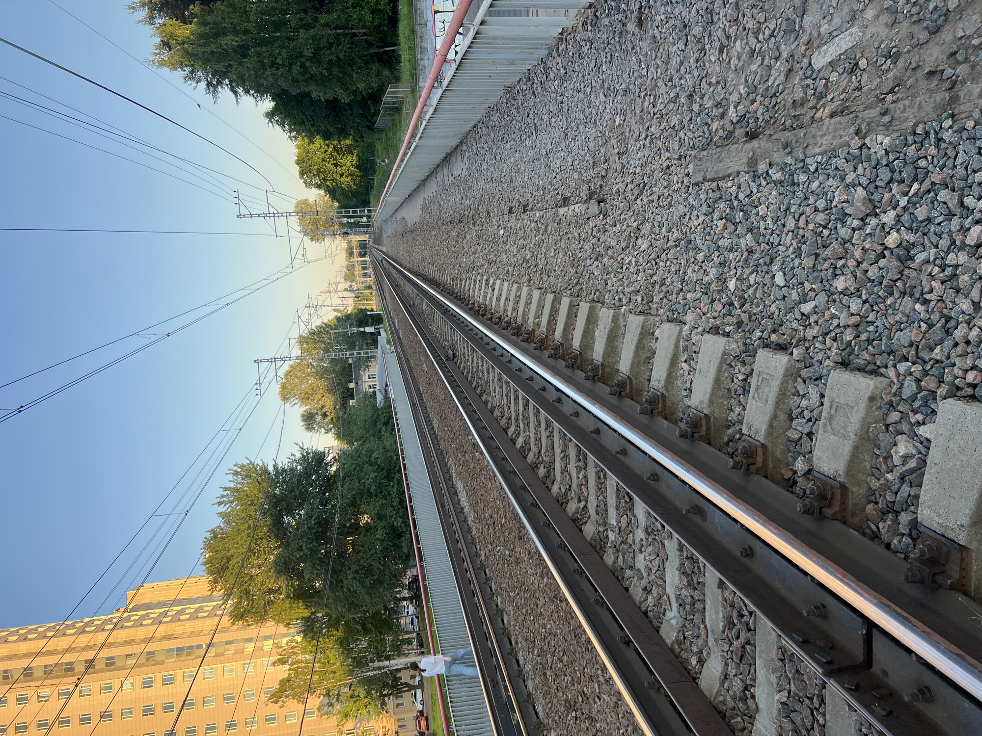 The image depicts an elevated railway environment in Saint Petersburg, Russia, under clear, low-sun conditions, suggesting either late afternoon or early morning.
Two parallel railway tracks extend from the lower left foreground into the distant background, converging towards the horizon. The tracks are composed of steel rails fastened to concrete sleepers, which are embedded in a bed of gray and reddish-brown ballast. An overhead catenary system, featuring numerous black electrical lines suspended by poles and gantries, spans above the tracks.
To the right of the tracks, an unpaved pedestrian walkway, also covered in ballast, runs parallel. This walkway is bordered by a gray metal railing with a prominent red top rail. Further right, below the railing, graffiti is visible on a concrete surface, and a dense line of green trees forms a background. A weathered wooden plank is embedded in the pedestrian path in the mid-ground.
On the far left, an individual is observed walking away from the camera on a paved surface behind a similar gray railing. This person, appearing female, wears a white t-shirt and light blue jeans. Behind this person and the railing, several parked vehicles (including an orange car, a white car, and a dark car) are visible on a street or parking area. A tall, light-colored, multi-story residential building with numerous windows dominates the upper left frame, its facade reflecting the warm, golden sunlight. Scattered green trees are present on both sides of the railway. The sky is clear and light blue.