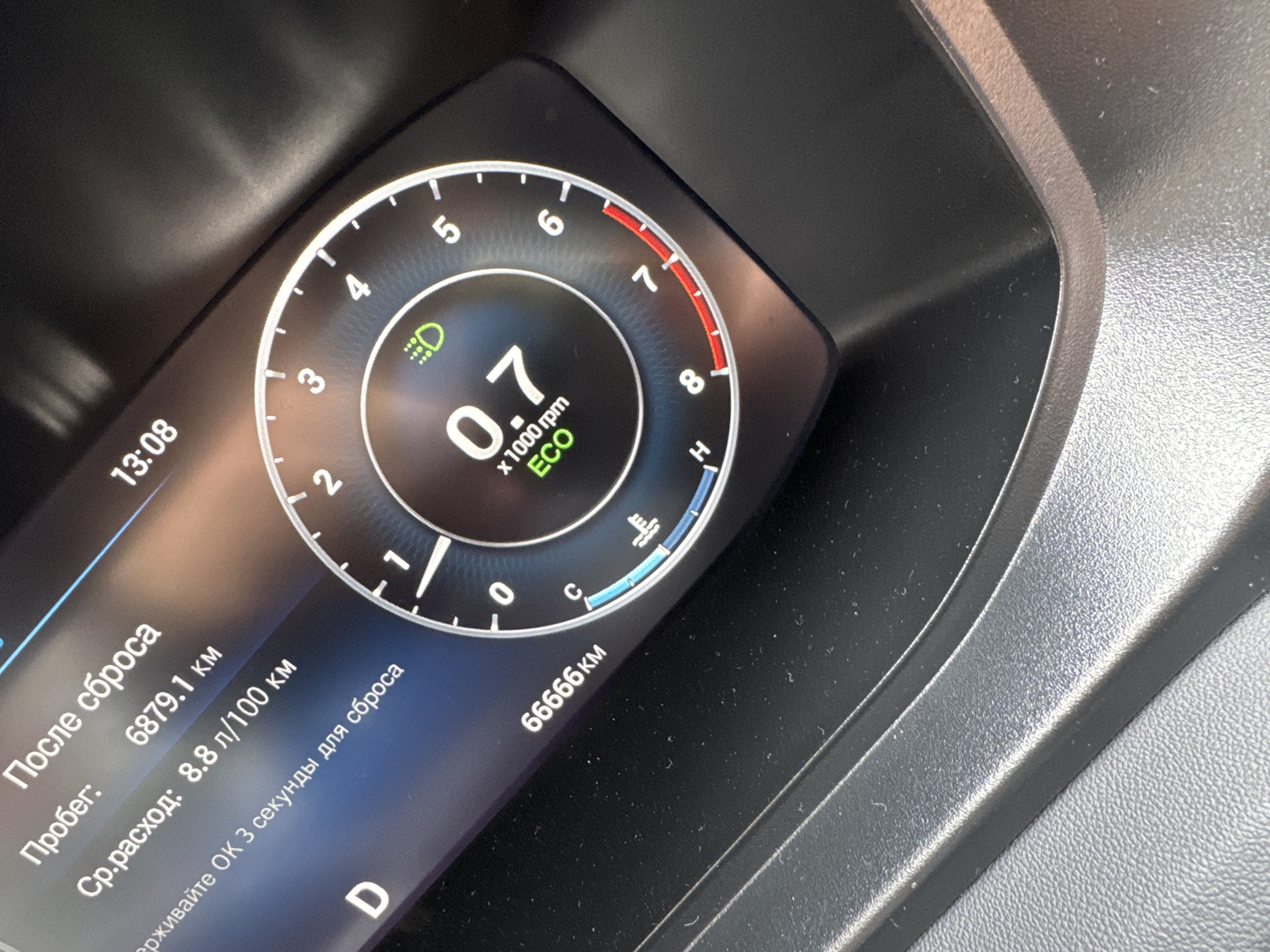 The image depicts a car's dashboard display. The display shows a speedometer with the needle indicating 0.7 x 1000 rpm, indicating an idle engine speed. "ECO" is also displayed, suggesting an economy driving mode. The mileage is 66666 km. The reset mileage is 6879.1 km and the average fuel consumption is 8.8 L/100km. The gear shift indicator is in the D position. The temperature gauge is at its lowest reading at the C position. The time is 13:08. There is an icon of headlights.