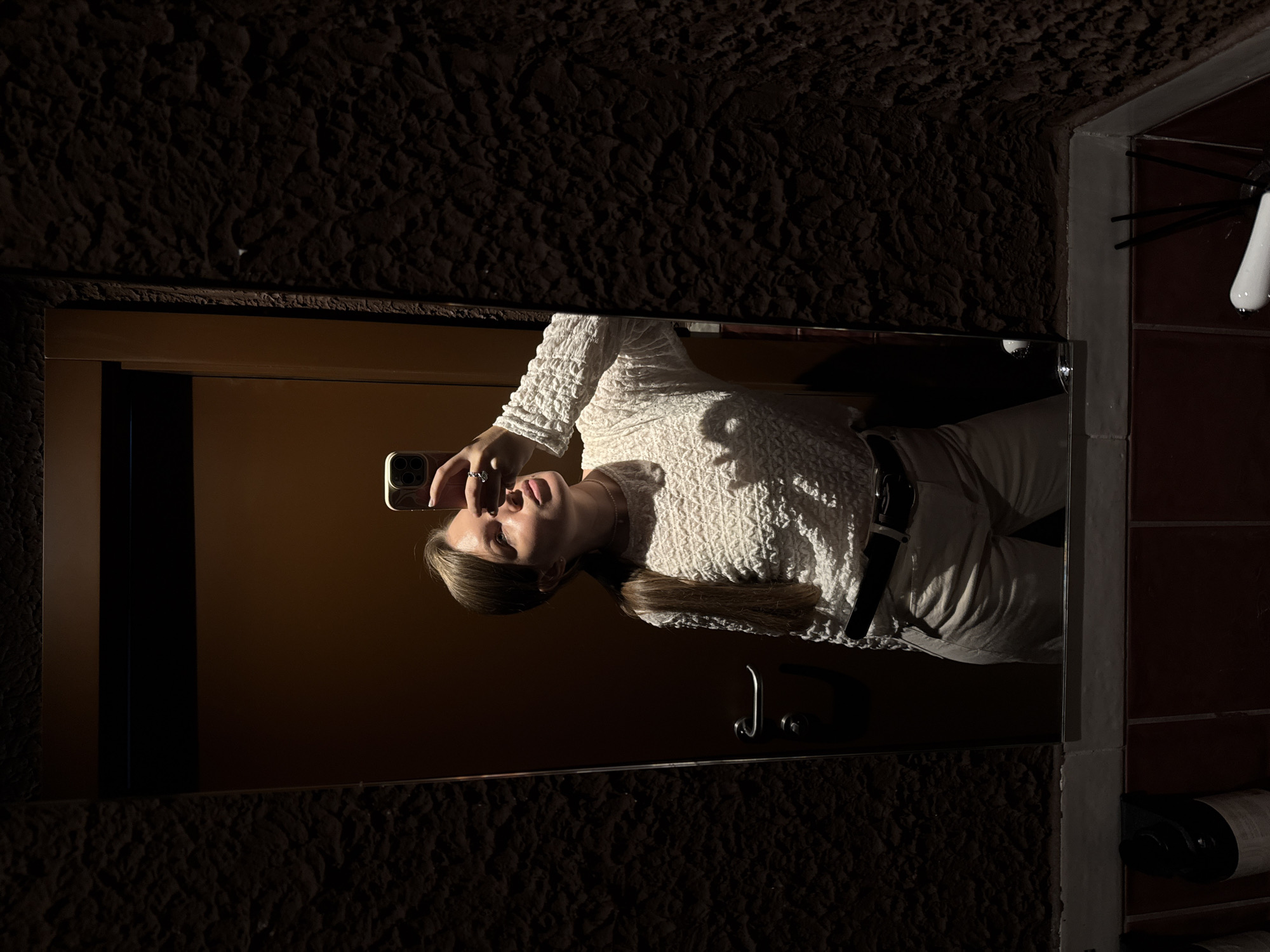 A young woman is taking a selfie in a bathroom mirror. She is wearing a white textured long-sleeved shirt and light-colored pants with a black belt. Her hair is blonde and partially pulled back. She is holding a smartphone in her right hand to take the photo. The bathroom has dark brown textured walls and a reddish-brown tile section on the right. A towel rack and a toilet paper holder are visible on the right wall. The location cannot be determined as Belgrade, Serbia from the image.