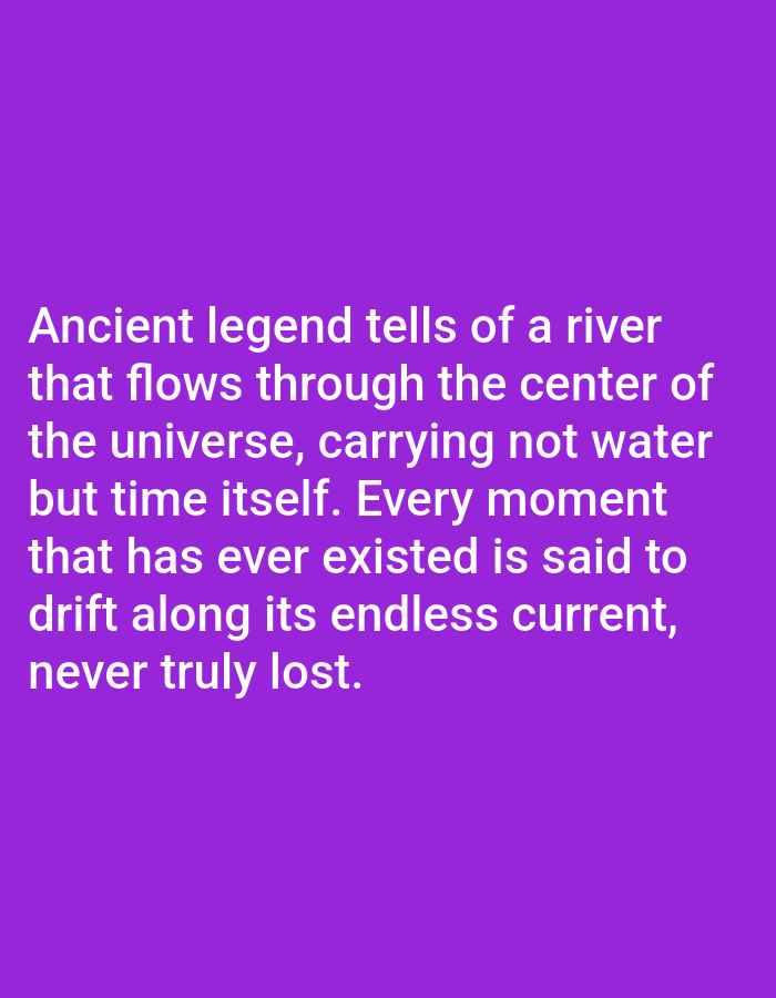 The image shows a purple background with white text. The text reads: "Ancient legend tells of a river that flows through the center of the universe, carrying not water but time itself. Every moment that has ever existed is said to drift along its endless current, never truly lost." There are no discernible people, subjects, objects, actions, interactions, or environmental details within the image, and no location information is provided.