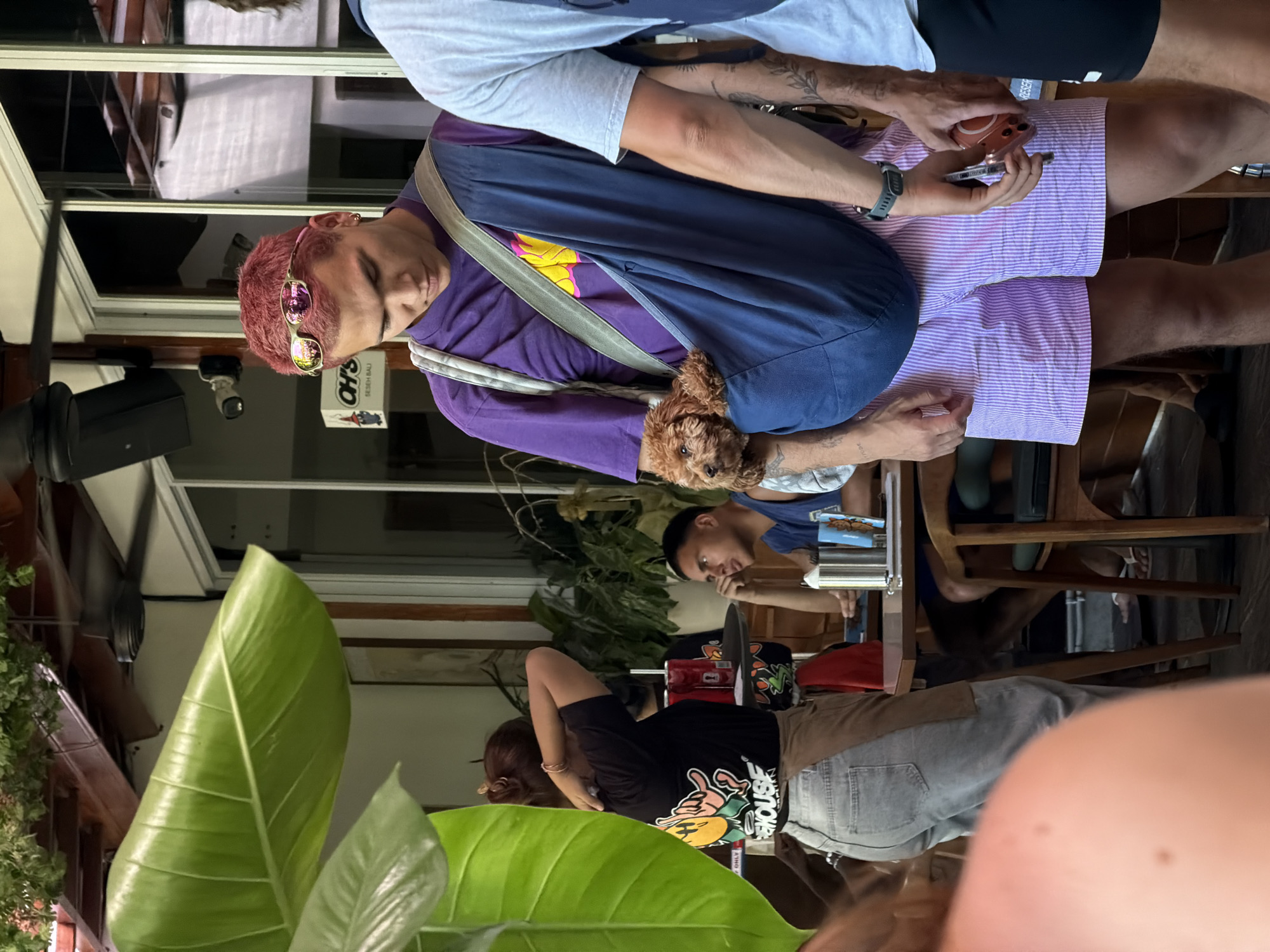 A daytime shot captured in Mengwi, Indonesia, depicts a group seated at an indoor dining space. The scene appears to be a café or restaurant interior, evidenced by the presence of furniture, plants, and other patrons.
At the upper portion of the frame, a person with dyed red hair is visible. They are wearing a purple shirt and a blue sling holding a small brown poodle. A person next to them, clad in a grey shirt and striped shorts, holds a brown object.
Further down, two more individuals are seated at the table. One is wearing a black t-shirt with graphics, paired with a light denim skirt. Adjacent is a person in a blue tank top.
The foreground contains green foliage from a large plant.