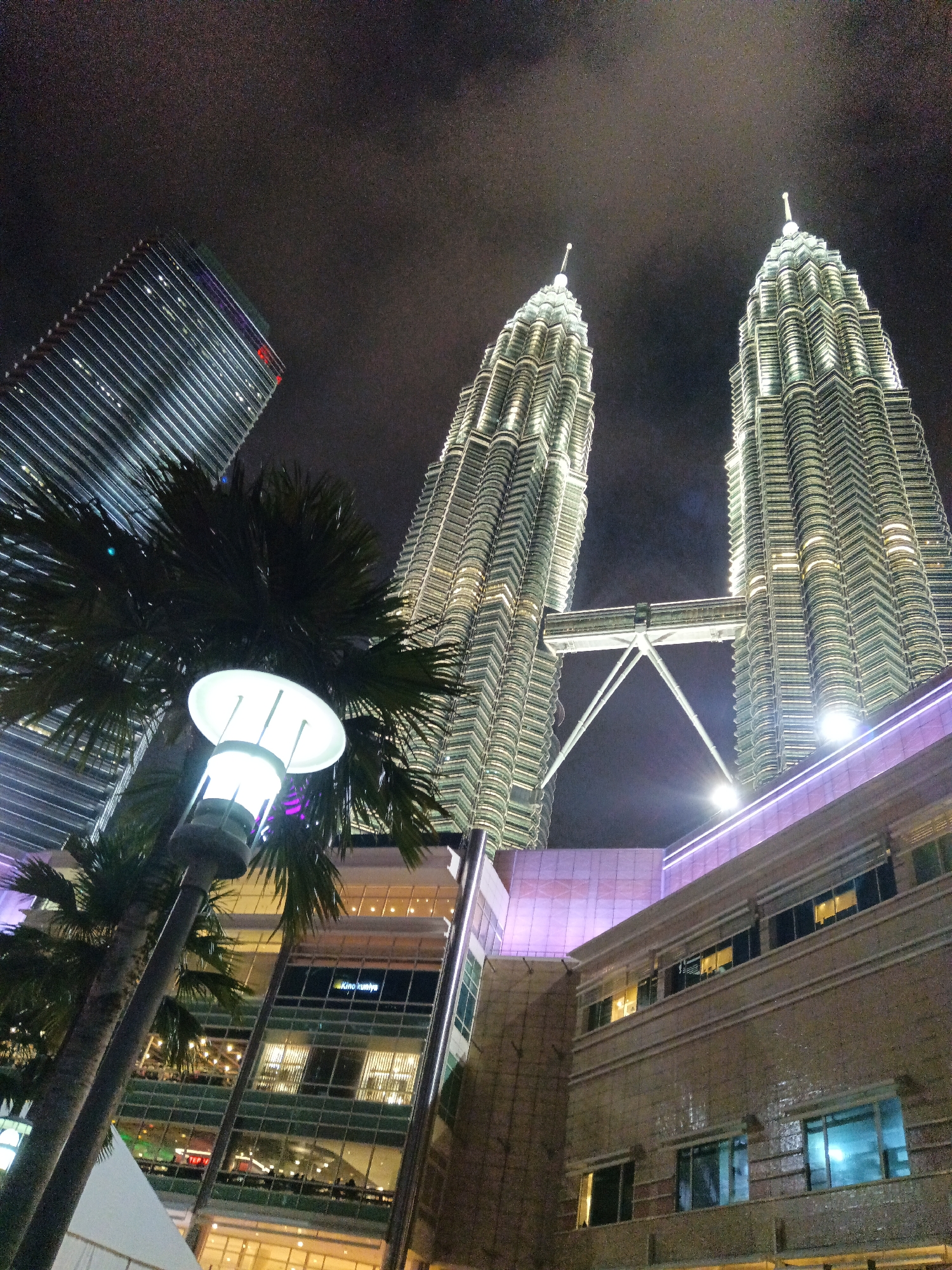 The image depicts a nighttime scene in Kuala Lumpur, Malaysia, featuring the iconic Petronas Twin Towers. The towers are illuminated, showcasing their distinctive architecture with tiered spires. A skybridge connects the two towers midway up, also lit. In the foreground, a palm tree with its fronds is visible, partially obscuring a lamppost. To the left of the towers, another tall building with a reflective facade is seen. In the lower portion of the image, a modern building with multiple stories, large windows, and illuminated interiors is present, suggesting it's a commercial or public space. The sky is dark and cloudy, typical of a night scene.