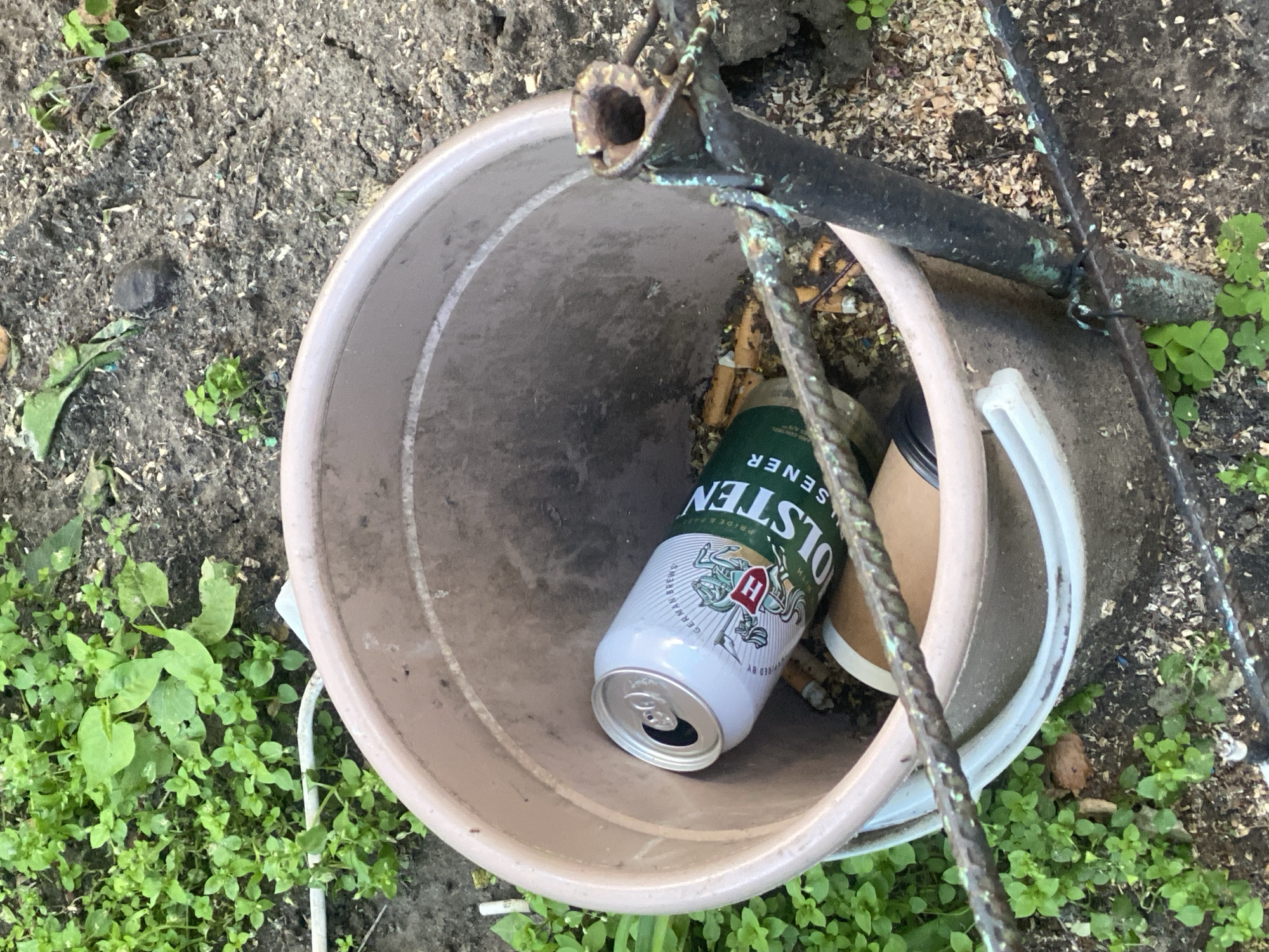The image shows a light pink bucket filled with trash. Inside the bucket are a partially visible cardboard coffee cup, an empty Holsten beer can, and several cigarette butts. An old, rusty metal handle with green corrosion is attached to the bucket. The bucket sits on the ground with dirt and small green plants surrounding it. It is impossible to determine if the picture was taken in Poltava, Ukraine, or to provide details about people, interactions, or actions from the image.