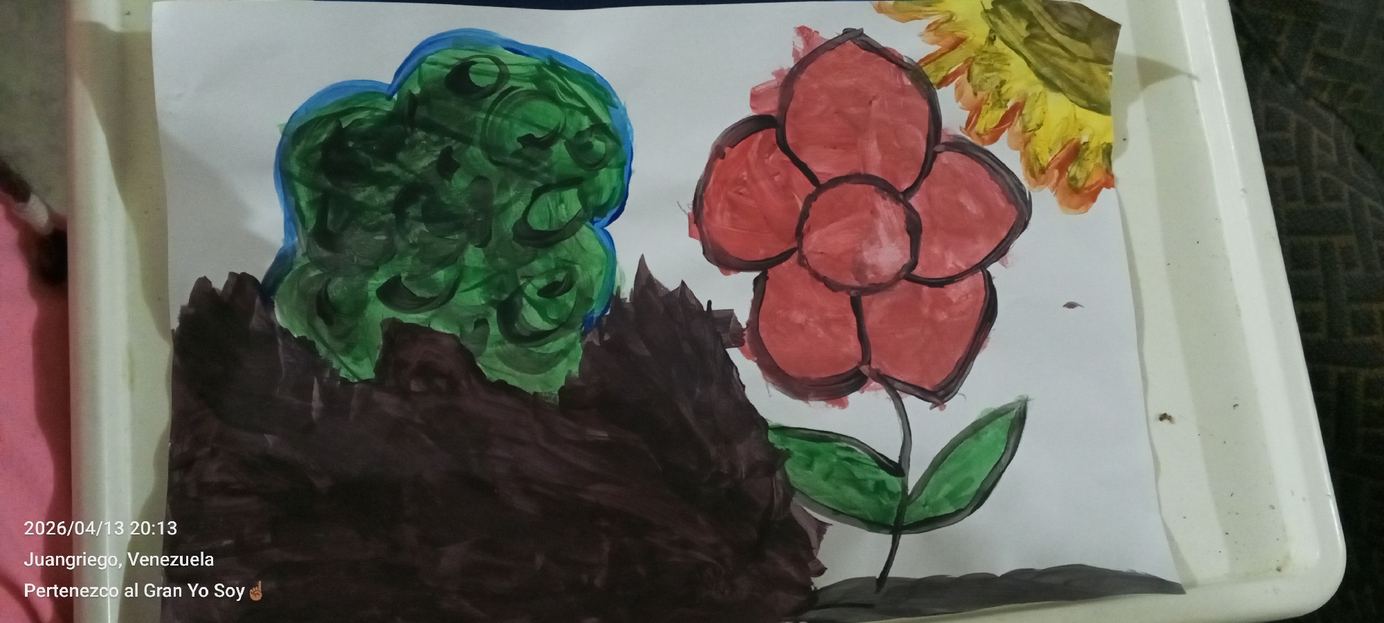 The image shows a child's painting of a garden. A green bush with a blue outline is on the left. A red flower with green leaves is to the right of the bush. Behind the flower is a yellow and orange element, possibly a sun or another flower. The bush and flower appear to be growing out of a brown area, possibly representing soil or a garden bed. The painting is on a white surface, possibly a tray. Text in the lower left corner reads "2026/04/13 20:13 Juangriego, Venezuela Pertenezco al Gran Yo Soy". The location mentioned is Juangriego, Venezuela, not Altagracia.